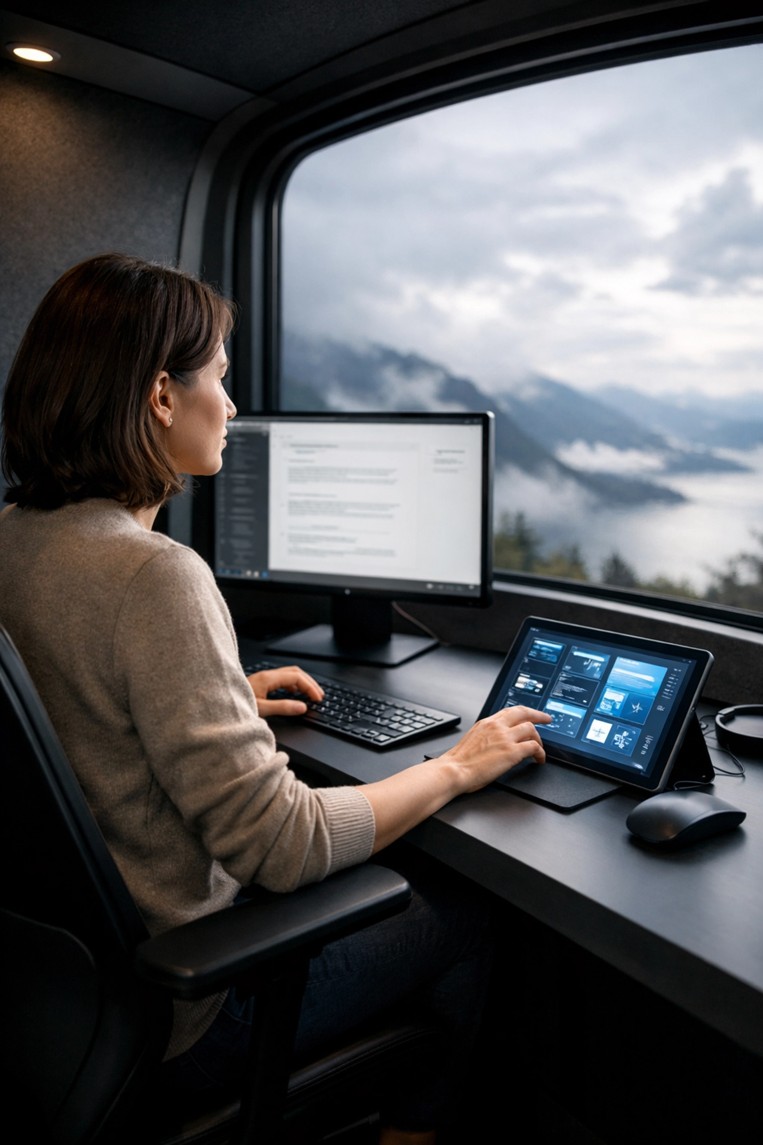 Professional workstation inside a tech-integrated pod designed for a resilient and focused workplace experience.