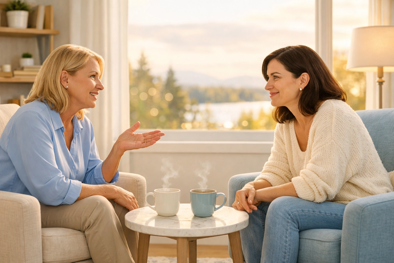 Two women discussing the Maine surrogacy journey in a comfortable, supportive clinical screening setting.