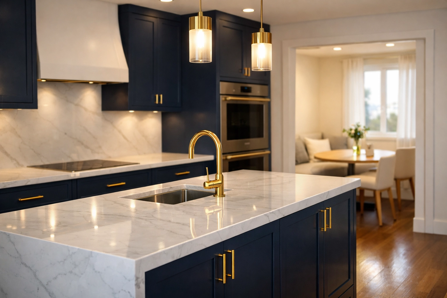 Sparkling clean kitchen with navy cabinets and marble counters maintained through a bi-weekly cleaning plan.