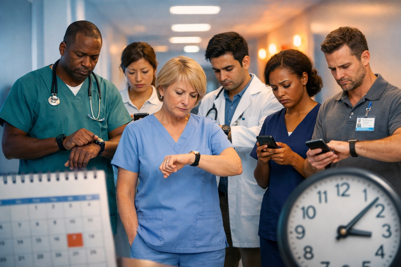 Healthcare professionals waiting anxiously during credentialing delays at medical facility