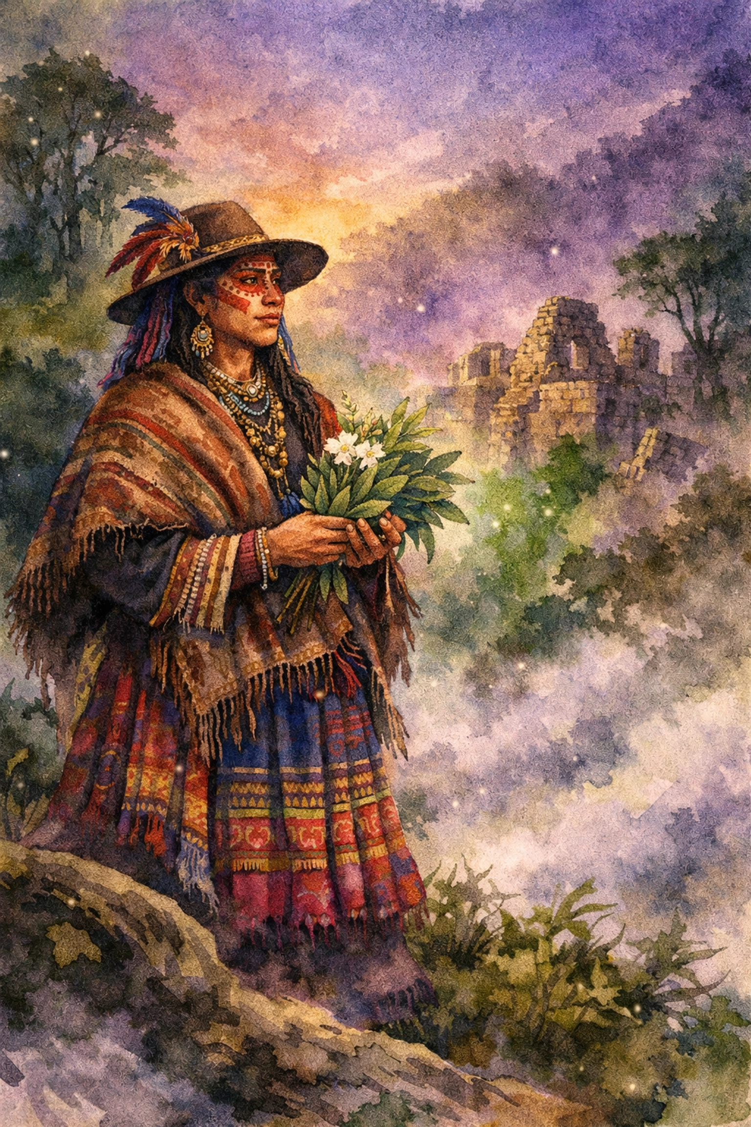 Andean quariwarmi shaman gathering medicinal plants in misty cloud forest