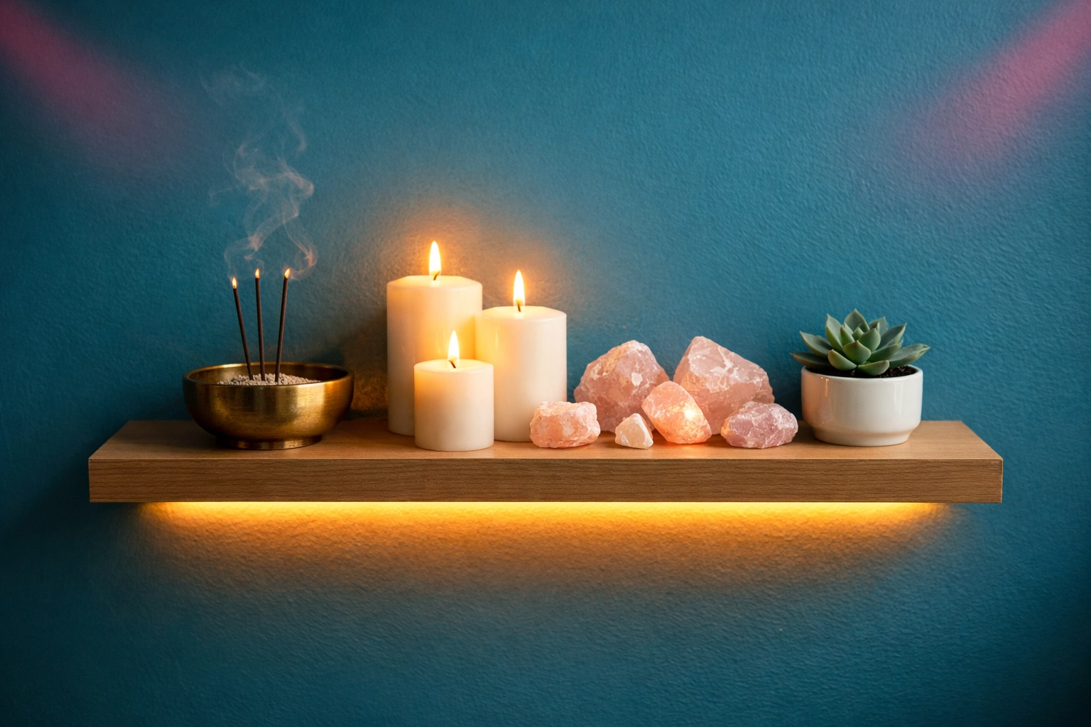 Floating shelf altar with candles and crystals on teal wall in small apartment