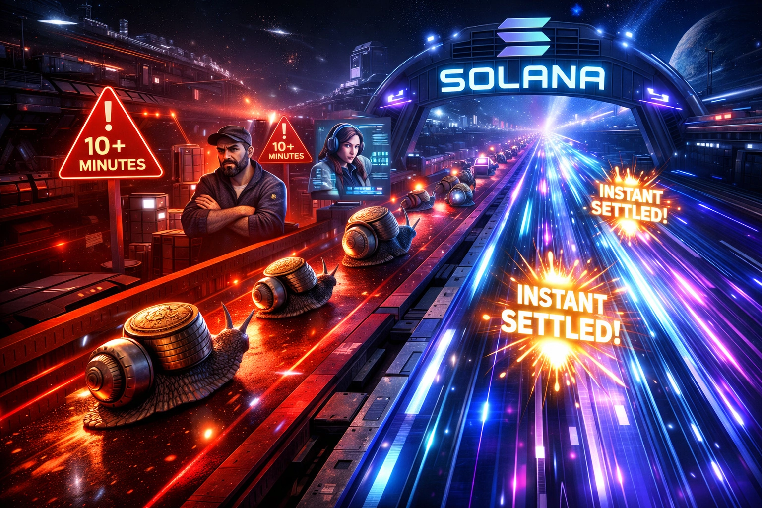 Slow Bitcoin settlement times vs fast Solana blockchain instant crypto payment processing