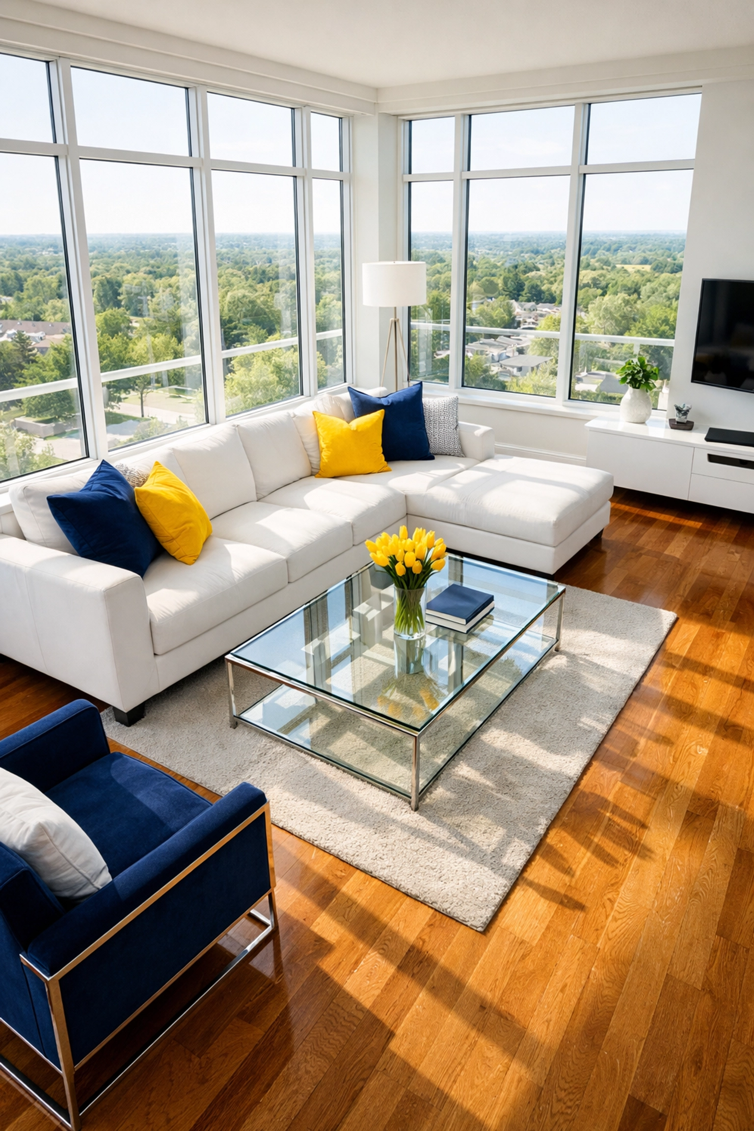 Bright, professional apartment cleaning in Westborough showcasing a spotless modern living room with blue accents.