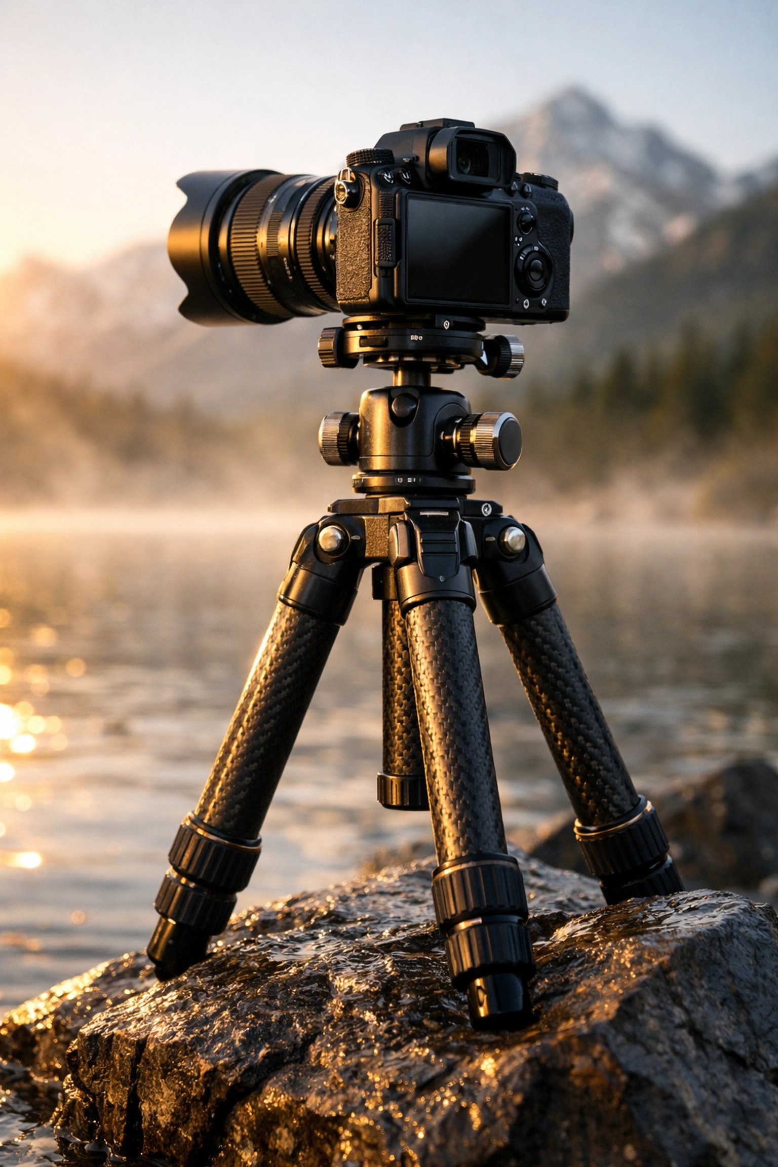 Mirrorless camera on a tripod at sunrise, essential gear to follow landscape photography tips.