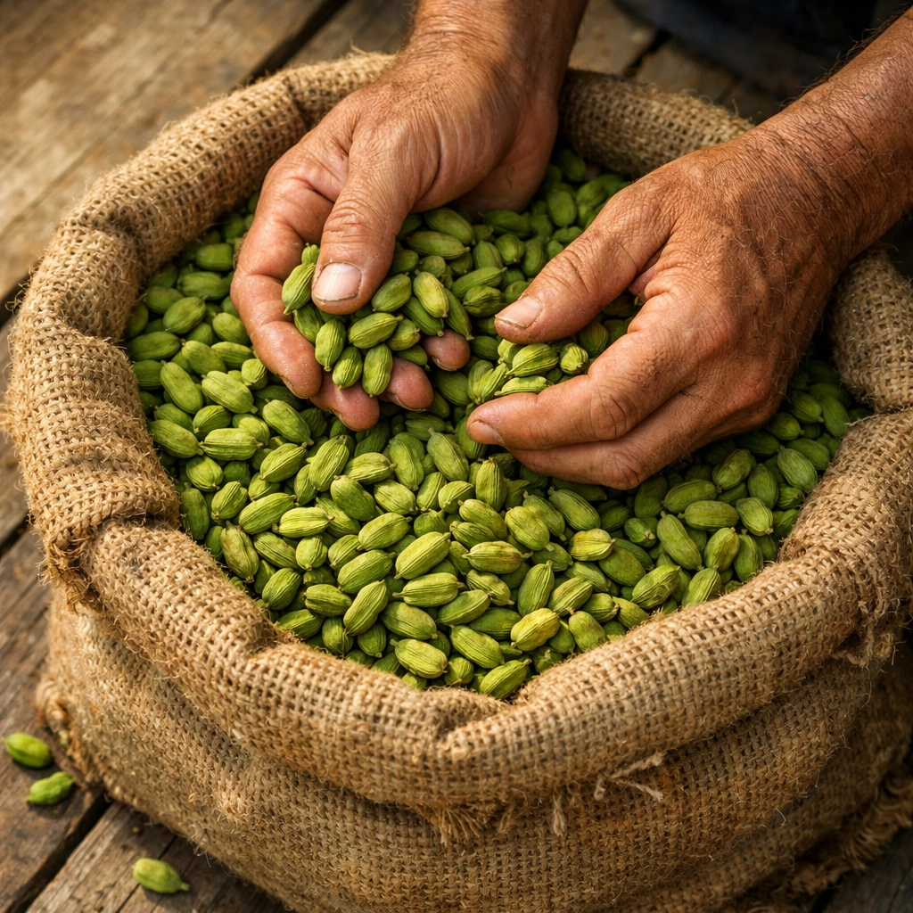 Fresh green cardamom pods harvested directly from Kerala farms being hand-sorted for quality.