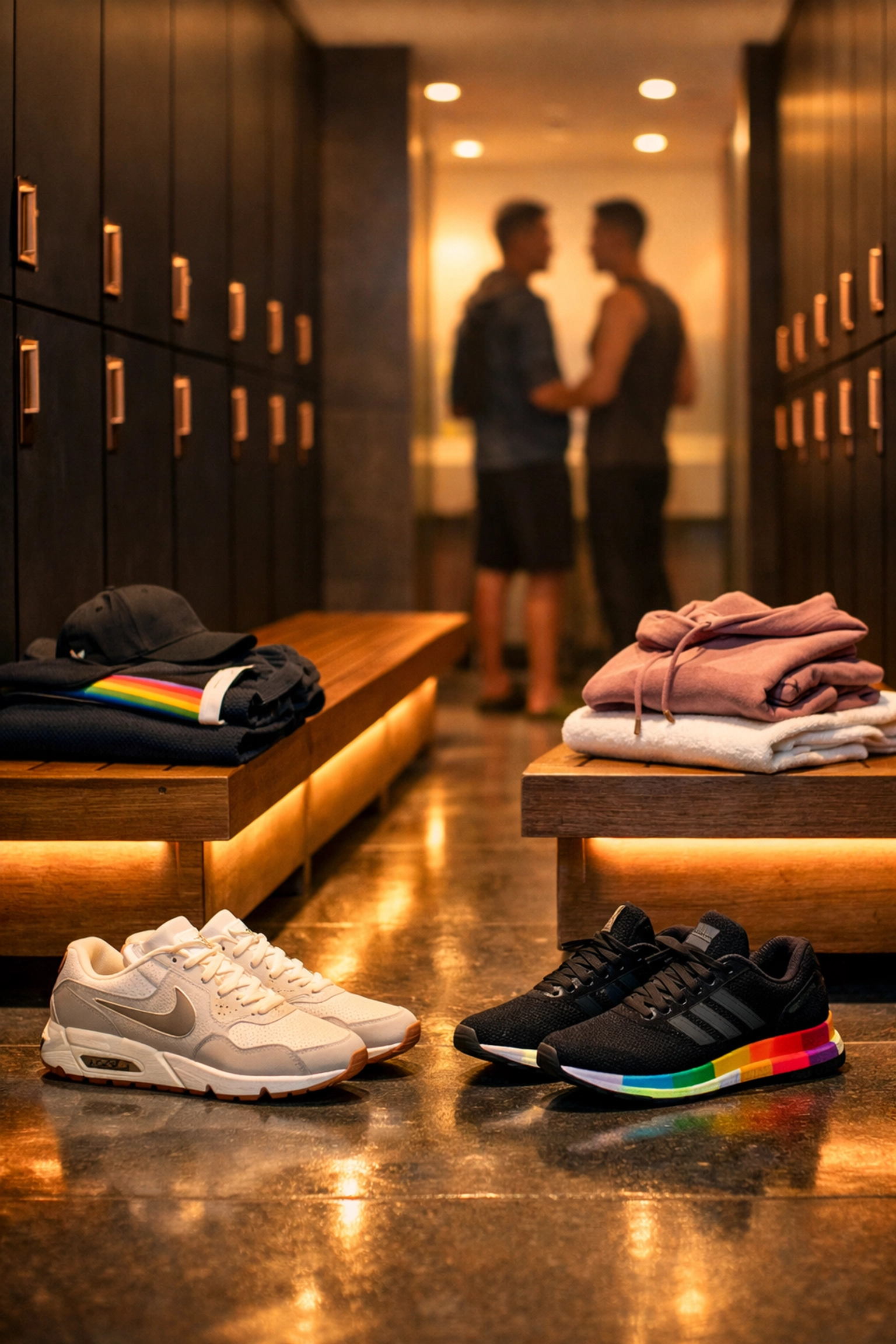 Modern luxury gym locker area where gay men find safe space to connect