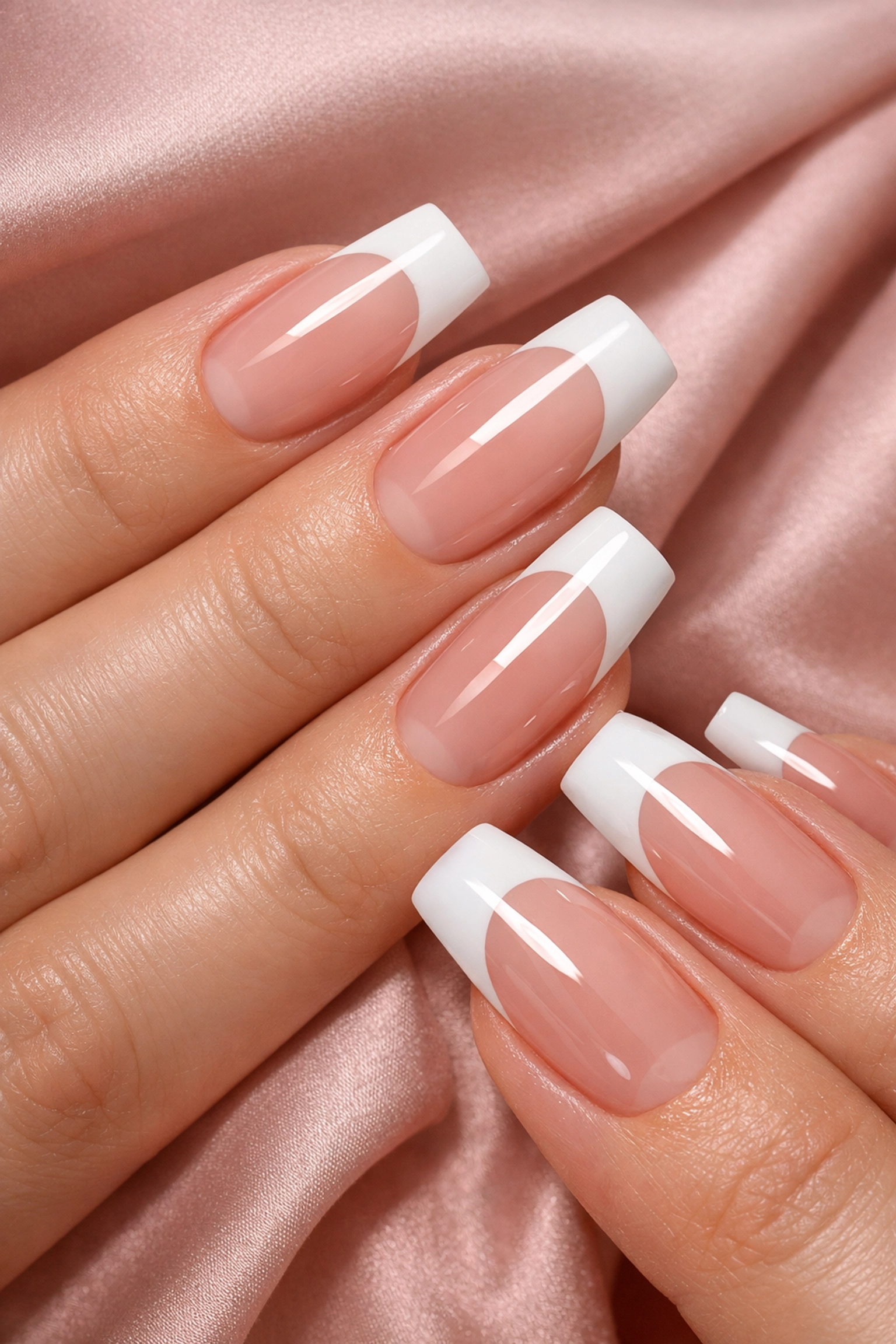 Elegant French manicure nail extensions created with dual forms technique at luxury salon