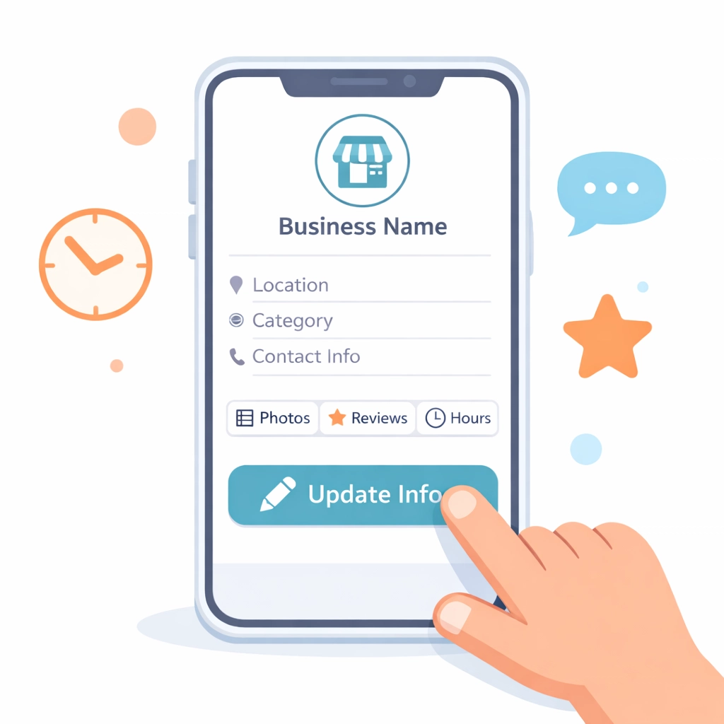 Illustration of a user updating a local Adelaide business profile on a smartphone screen.
