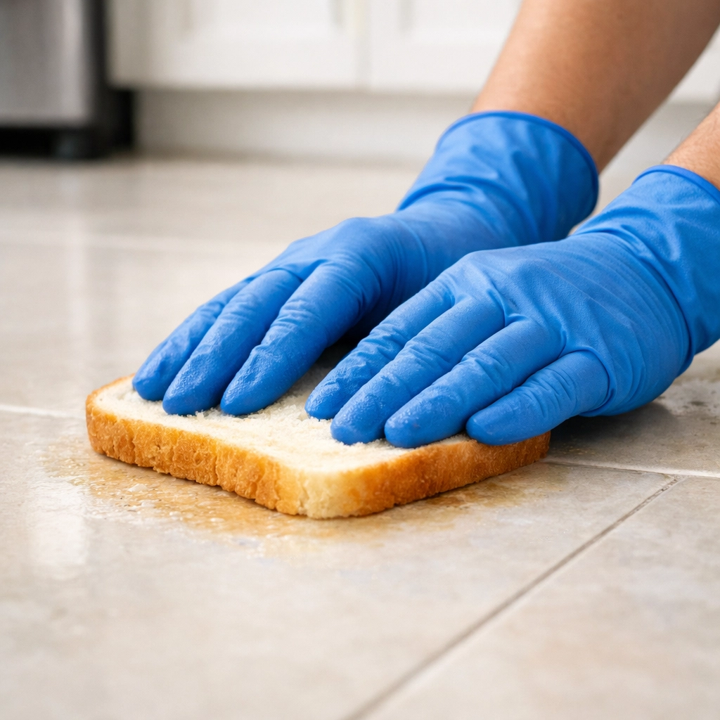 Hands in blue cleaning gloves pressing white bread onto a tile floor to safely remove small glass fragments.