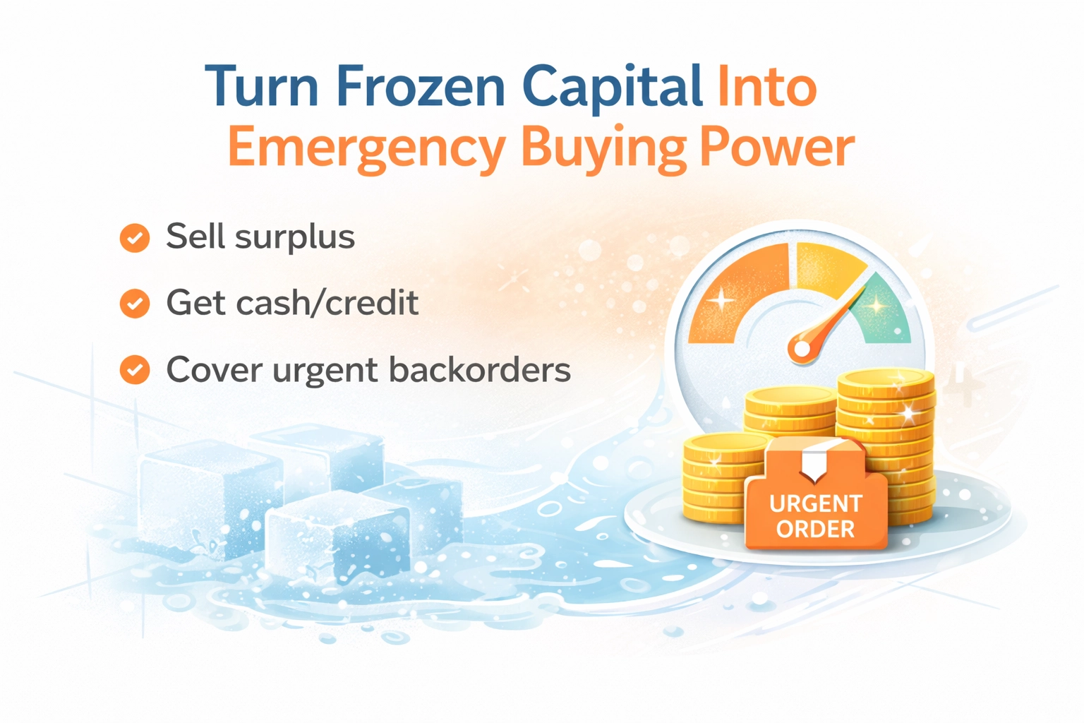 Infographic showing frozen capital converted into emergency buying power to cover urgent surgical supply backorders