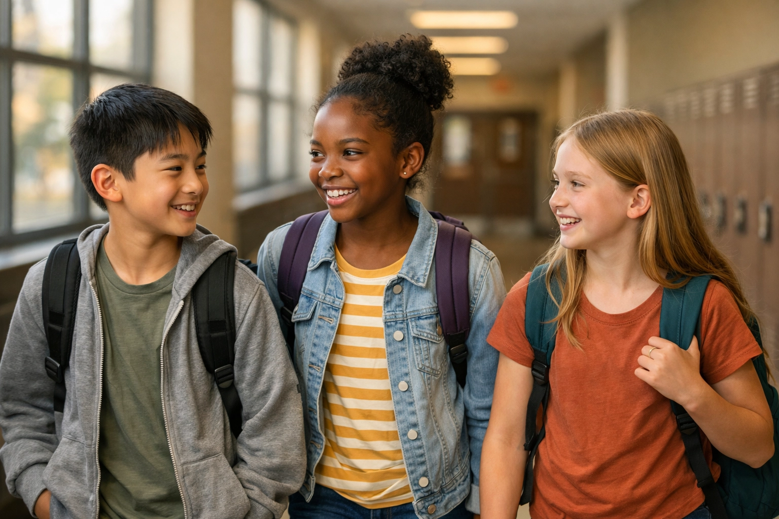 Groep basisschoolleerlingen loopt vol vertrouwen richting de middelbare school