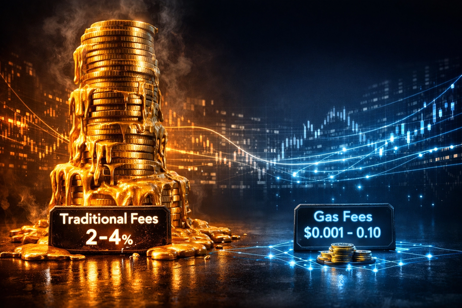 Traditional payment fees vs blockchain gas fees comparison showing 80% cost reduction for merchants