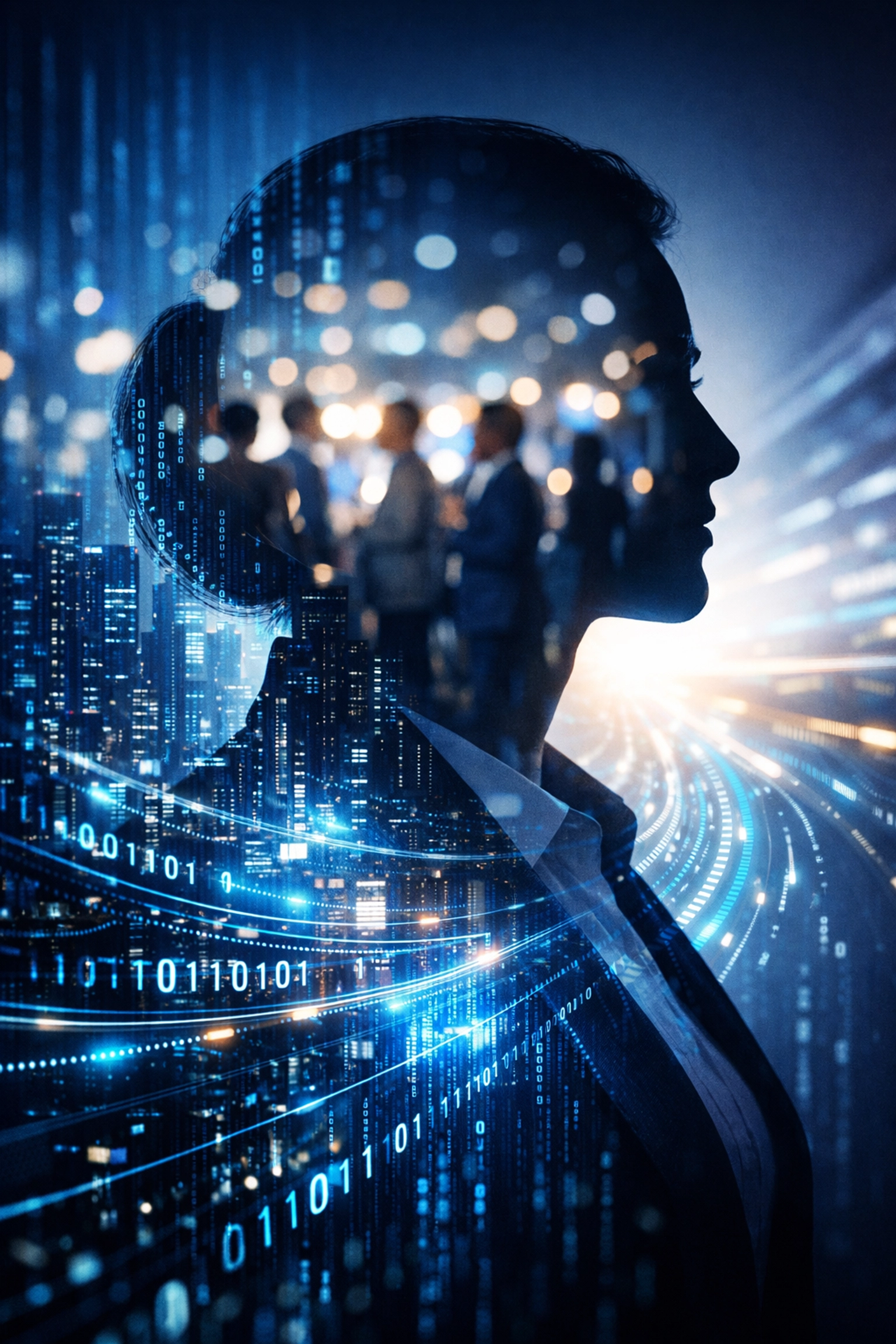 Professional silhouette and digital city representing a successful transition from service to tech roles.