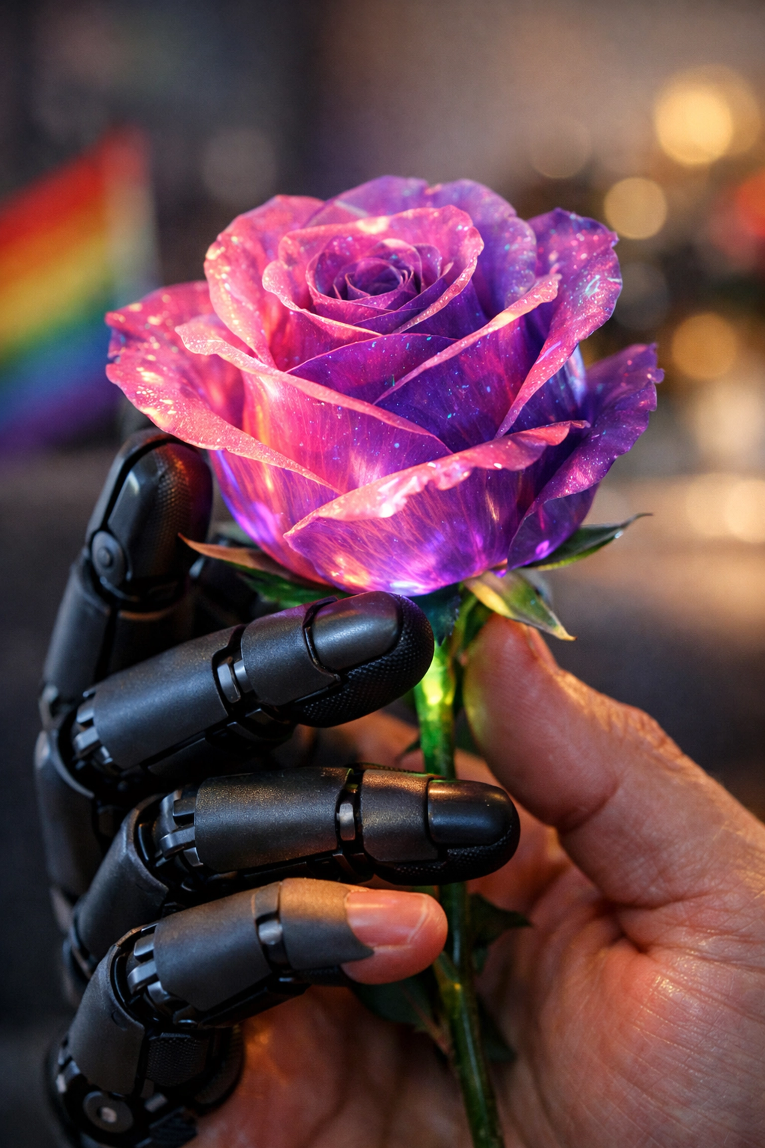 A cybernetic hand holding a bioluminescent rose, a high-tech Mother's Day gift for a queer parent.