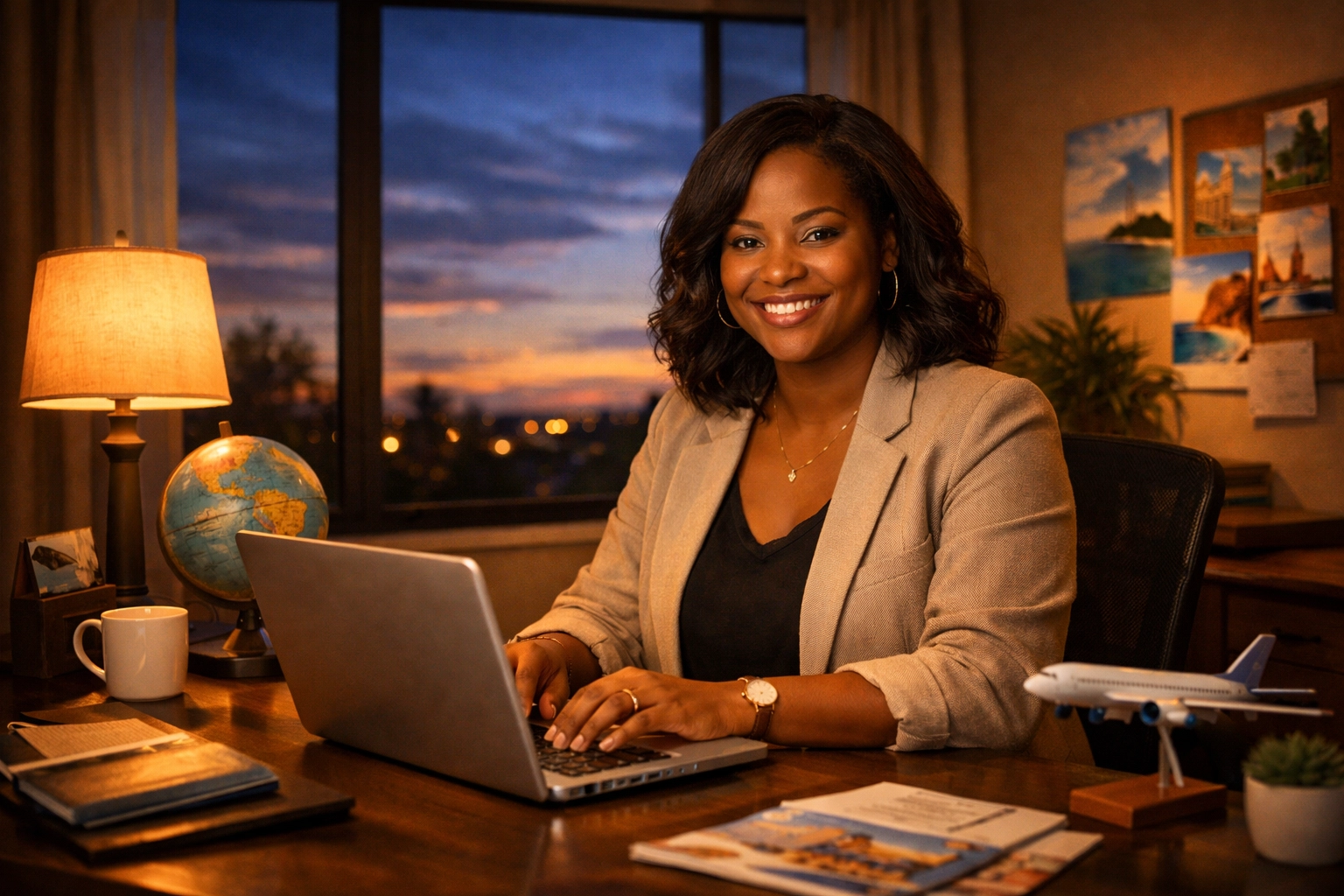 Travel agent working on laptop during evening power hour to book more trips