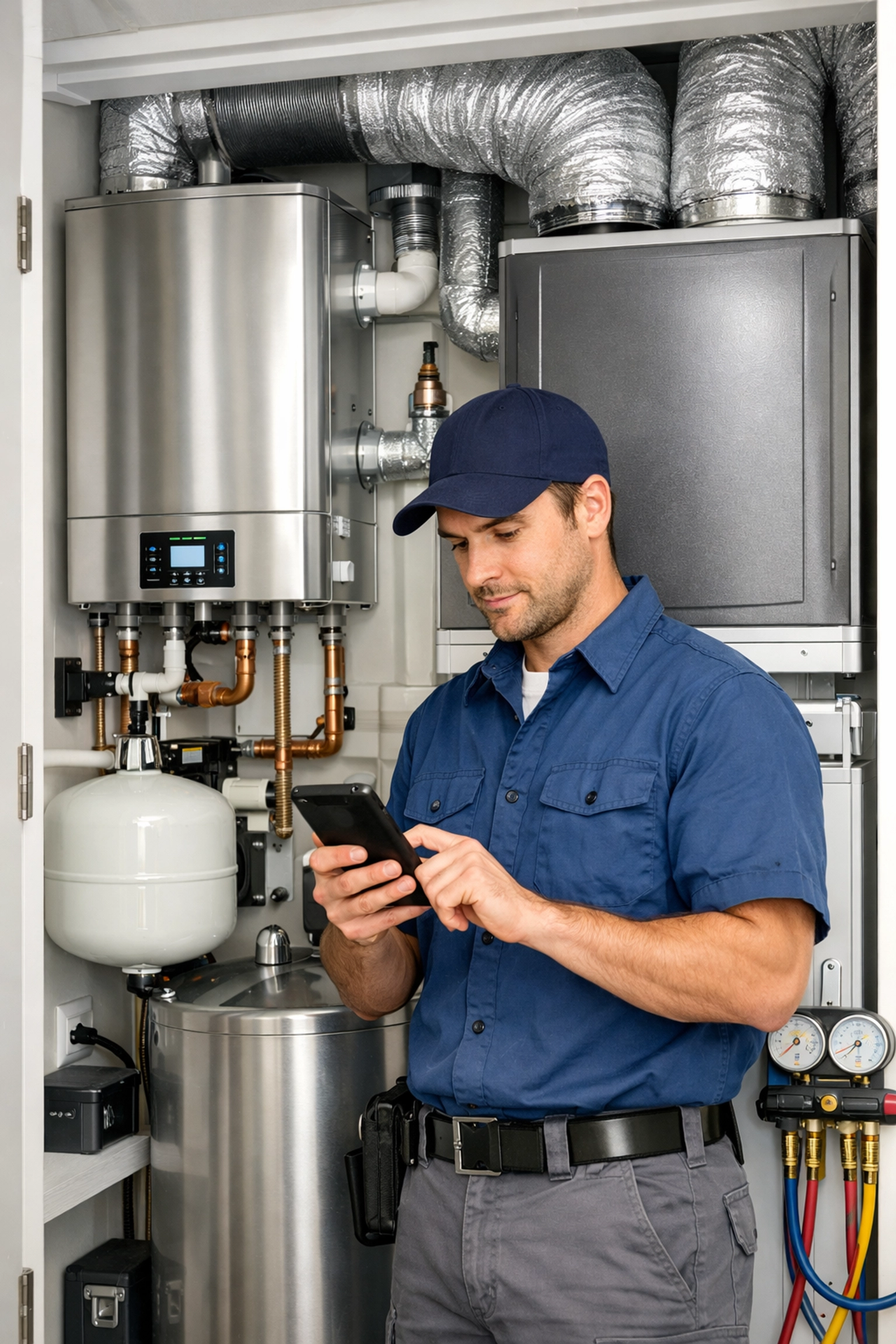 Maintenance technician inspecting HVAC system for preventive maintenance in apartment unit