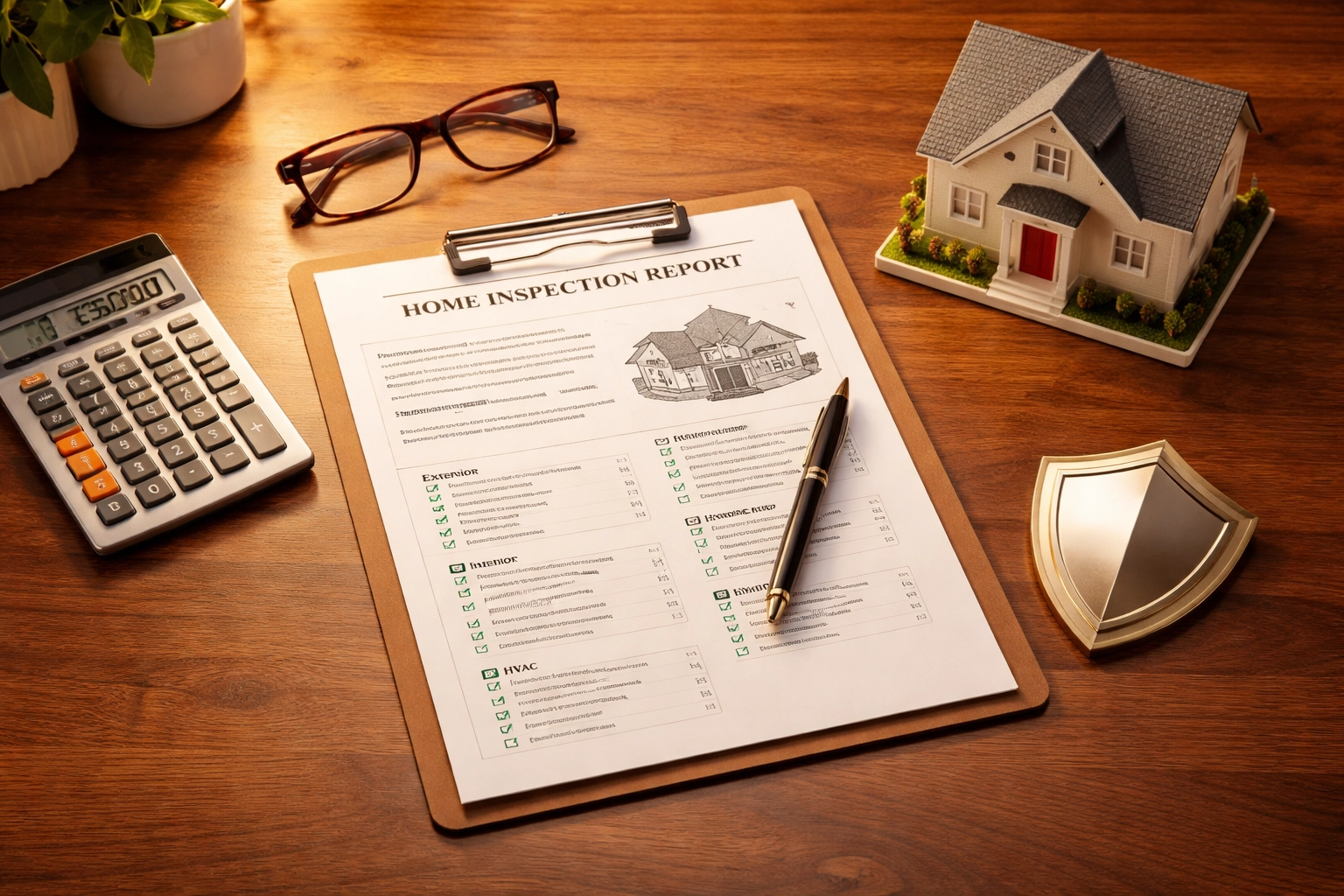 Modern kitchen counter with a home inspection report, calculator, and model house, highlighting real estate investment protection