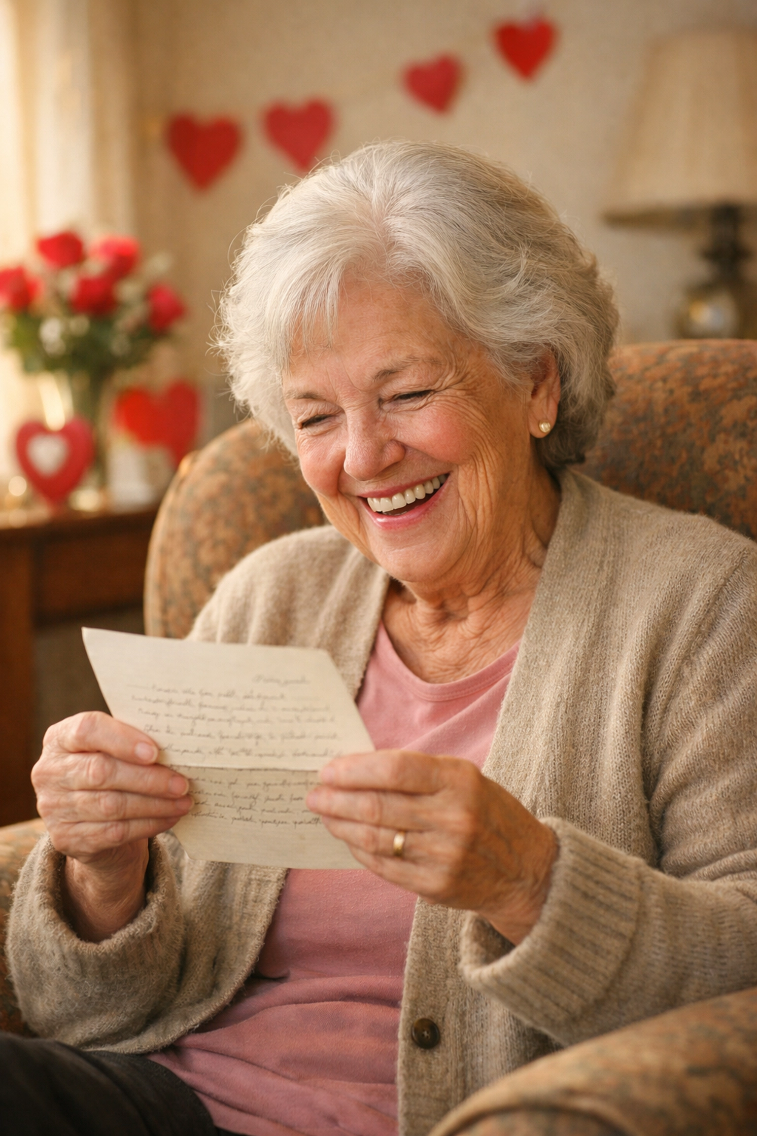 Happy homebound senior woman reading Valentine's pen pal letter in armchair
