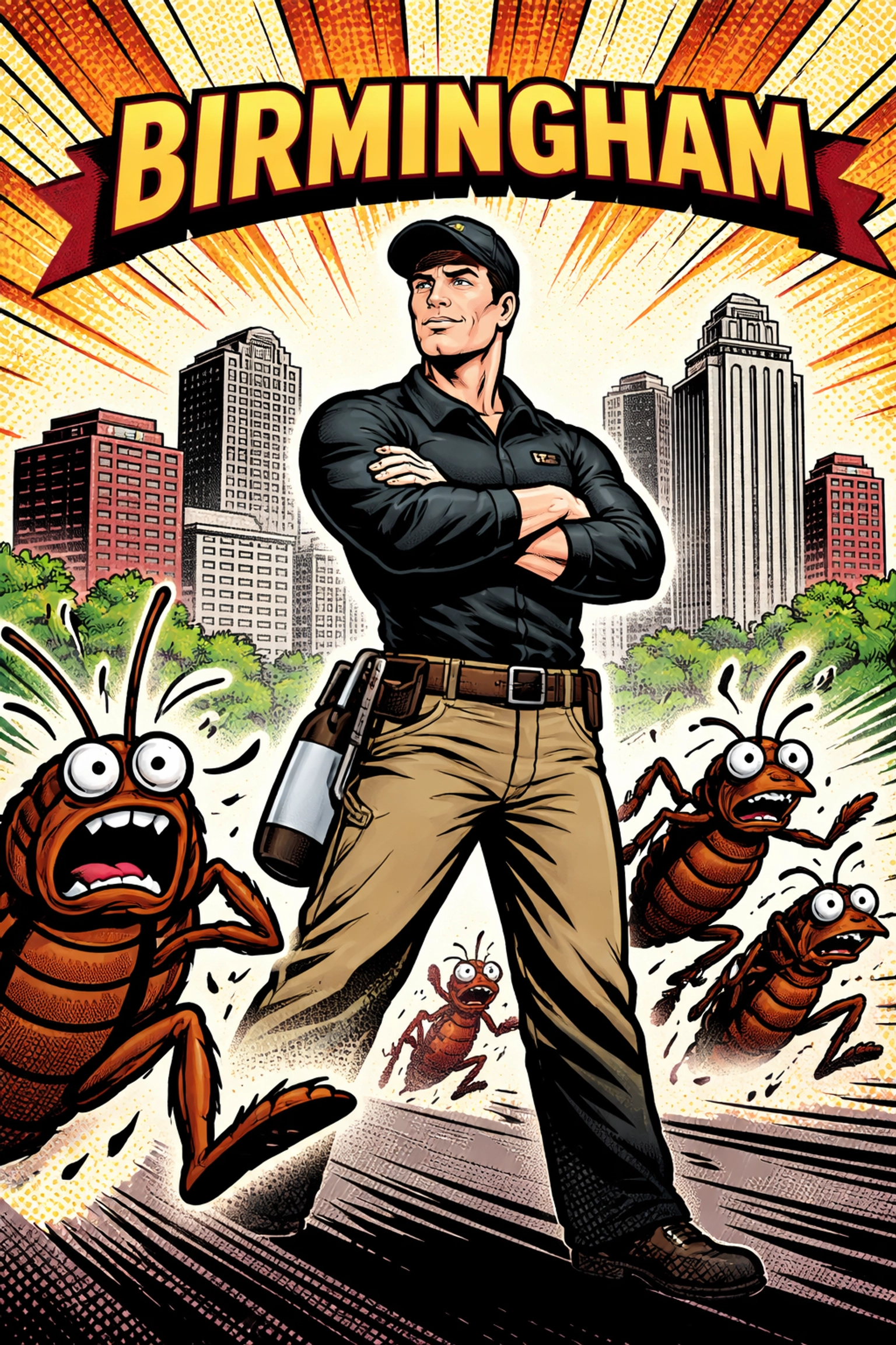 Comic book style hero pest control technician stands boldly before Birmingham city, scaring away cartoon ants and roaches, symbolizing best pest control in Birmingham AL.