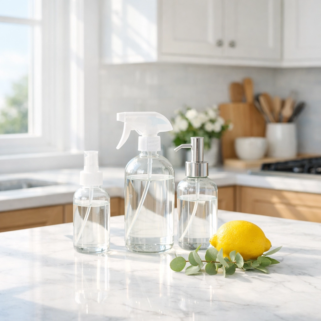 Eco-friendly cleaning supplies in a bright Boylston kitchen by professional cleaners Boylston MA.