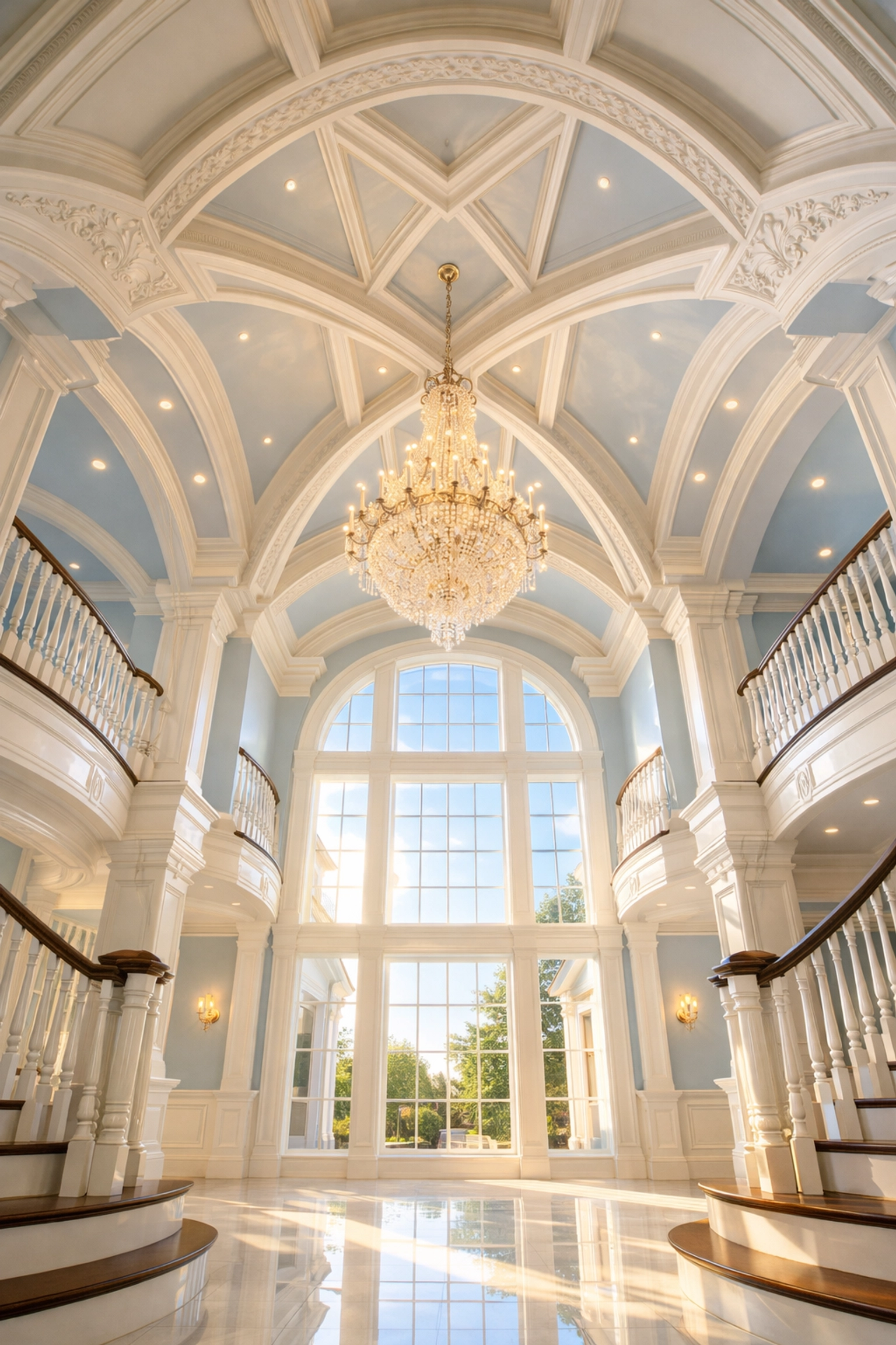 Pristine dust-free grand foyer with vaulted ceilings and white crown molding in a luxury Carlisle estate.