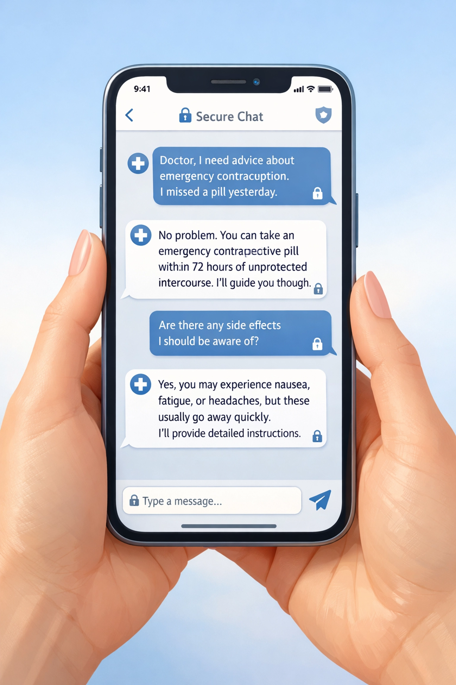 Woman using smartphone for private online doctor chat about emergency contraception