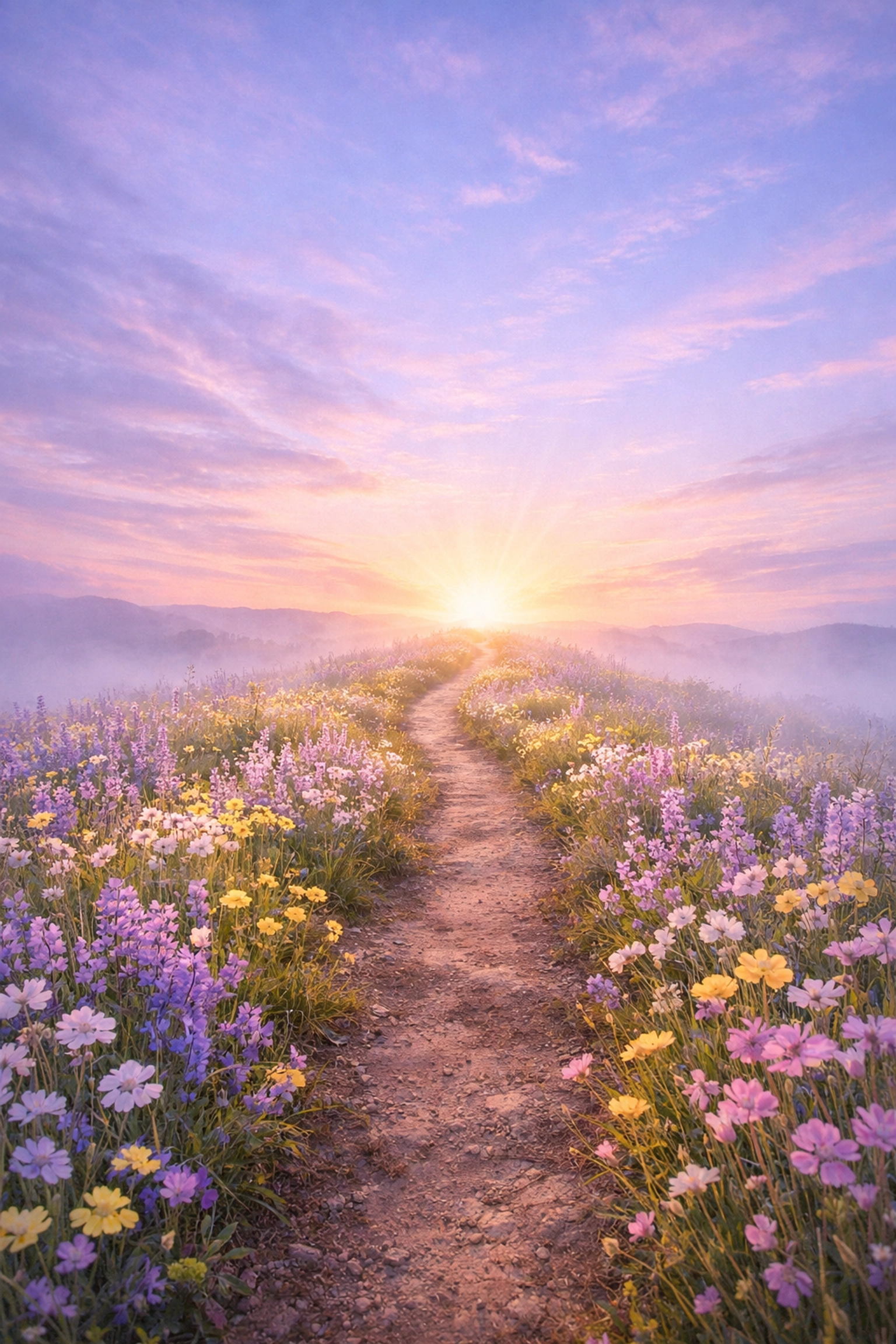 Peaceful wildflower path symbolizing the spiritual journey of a christian music playlist listener.