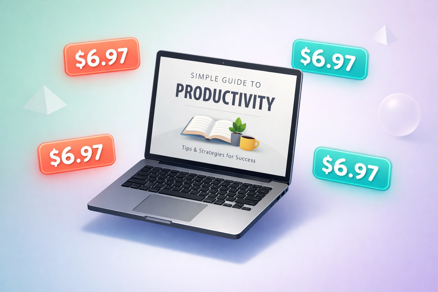 Digital ebook displayed on laptop with $6.97 price tag for selling online