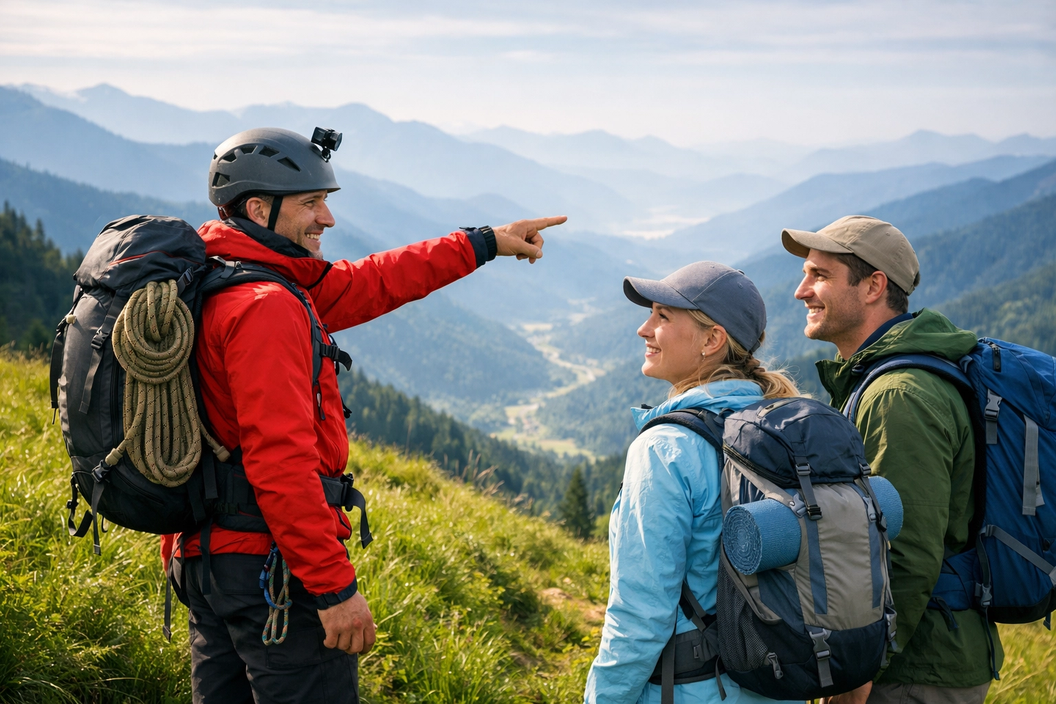 Professional mountain leader guiding two beginner hikers on a scenic green ridge in the UK.