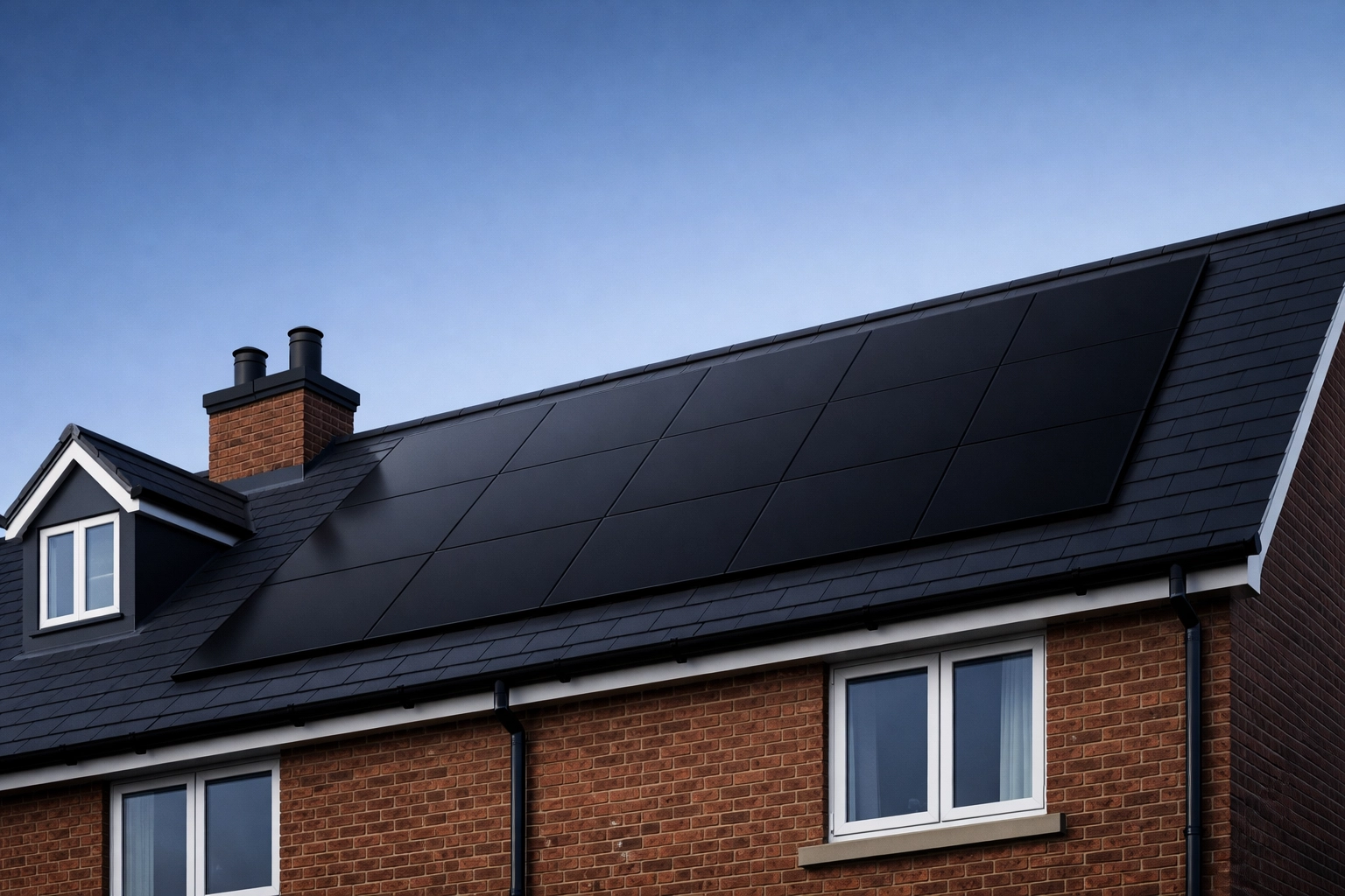 Professional black-on-black solar panel installation on a modern UK semi-detached house.