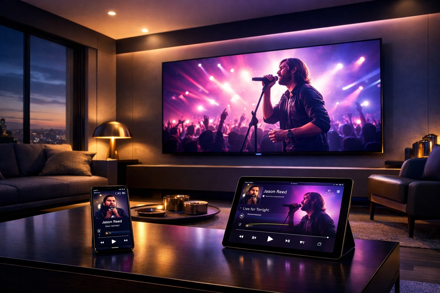 Modern home interior displaying a music concert on a large TV and mobile devices simultaneously.