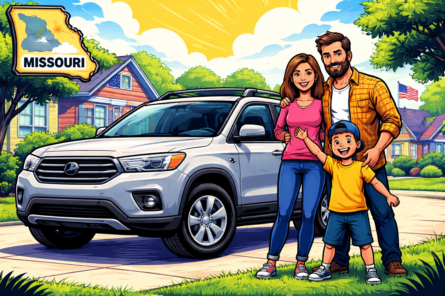 Happy family with used SUV in Missouri neighborhood, showing positive outcomes from trading in a car with a loan