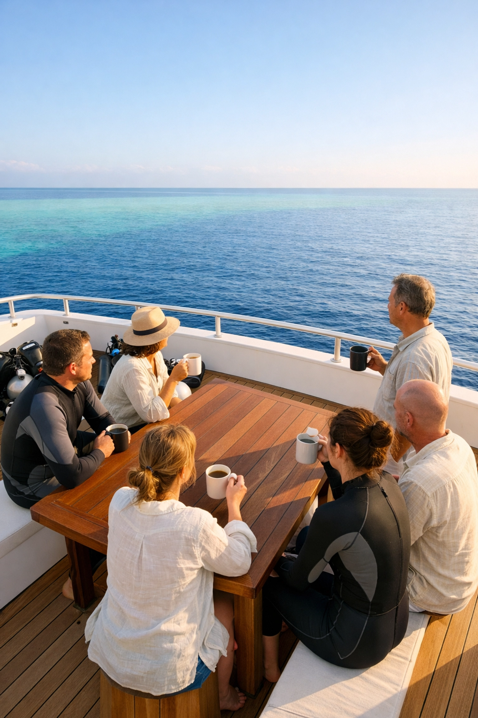 Divers relaxing on a luxury liveaboard deck above clear turquoise water in the Maldives during a private group trip.