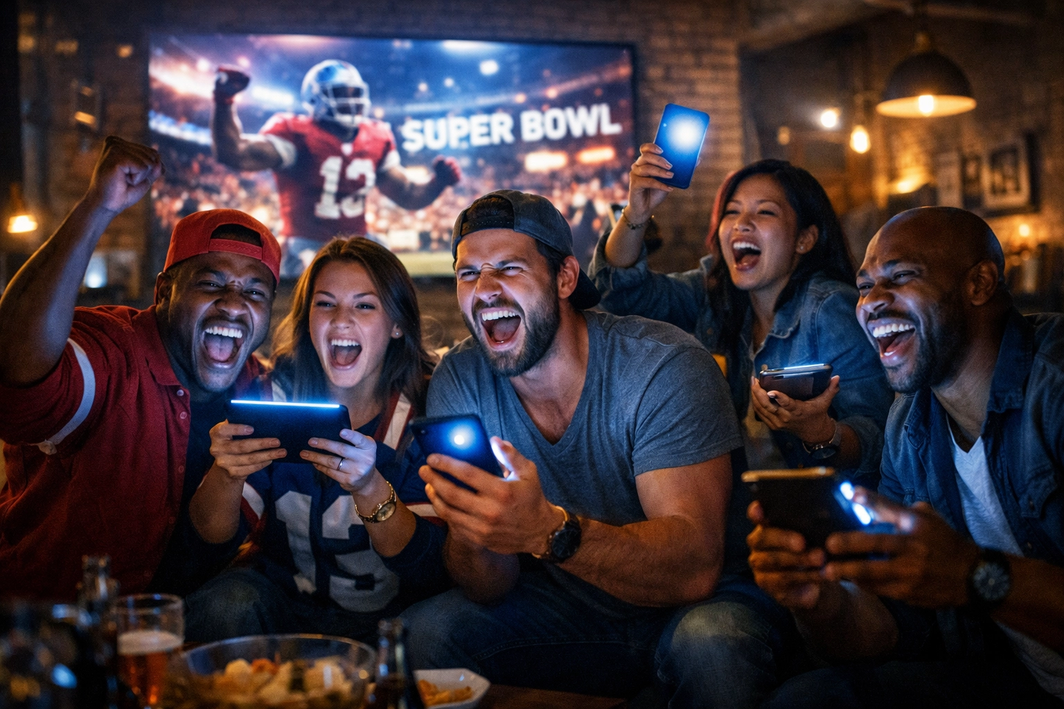Diverse sports fans using smartphones for second-screen engagement during a Super Bowl 2026 game day watch party.