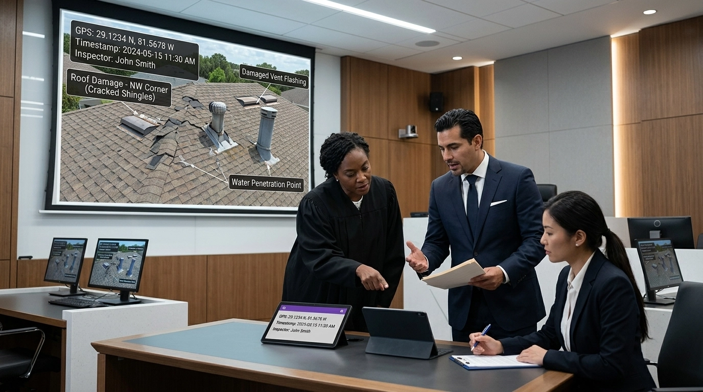 Hero Image: A high-tech courtroom display showing a property inspection photo with metadata overlays being reviewed by a diverse group of legal professionals.