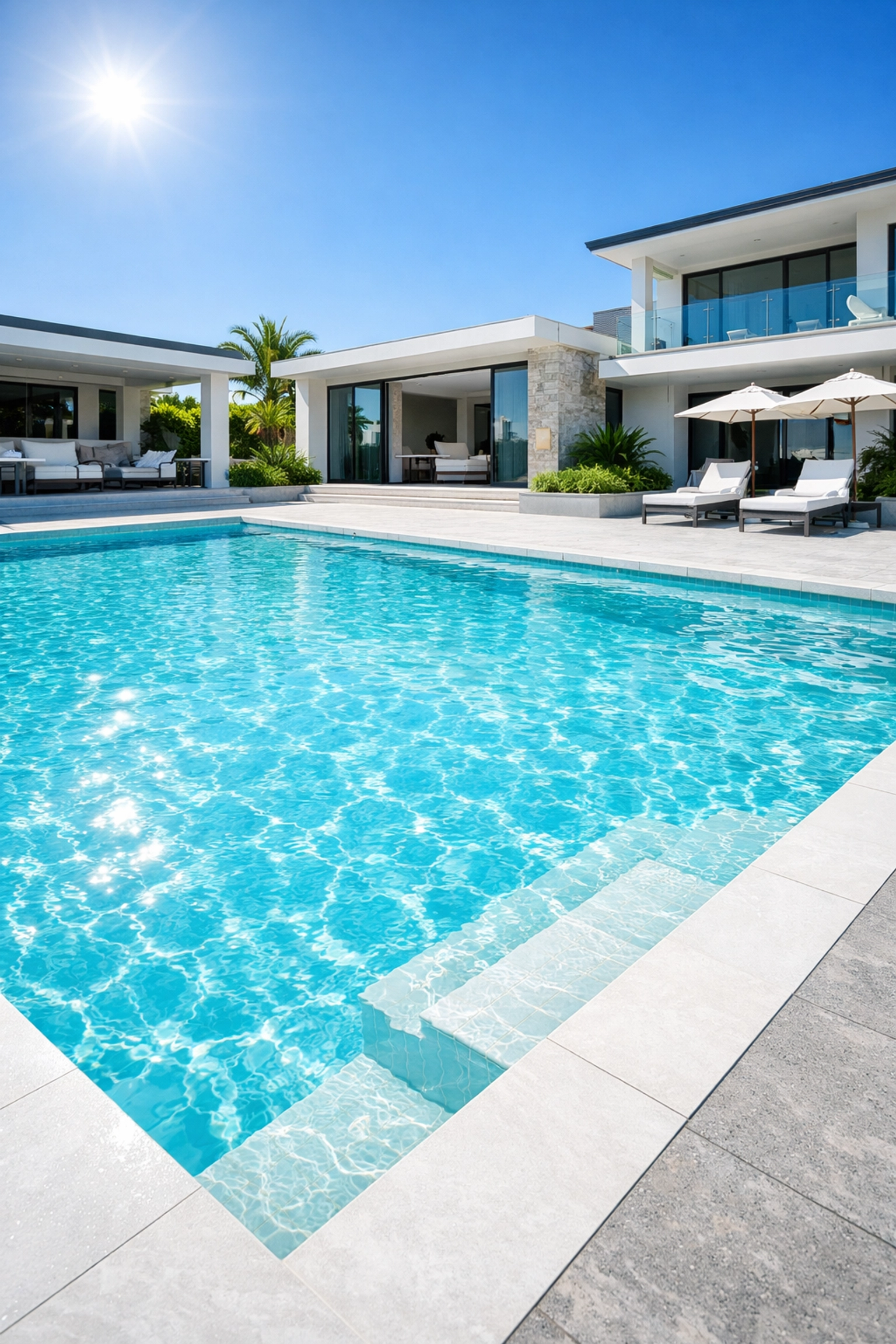 A pristine backyard luxury pool showing why maintenance is an essential recession-proof service.