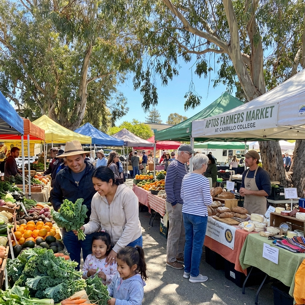 Locals browse fresh produce at Aptos Farmers Market, showcasing bright Saturday mornings in Santa Cruz County.