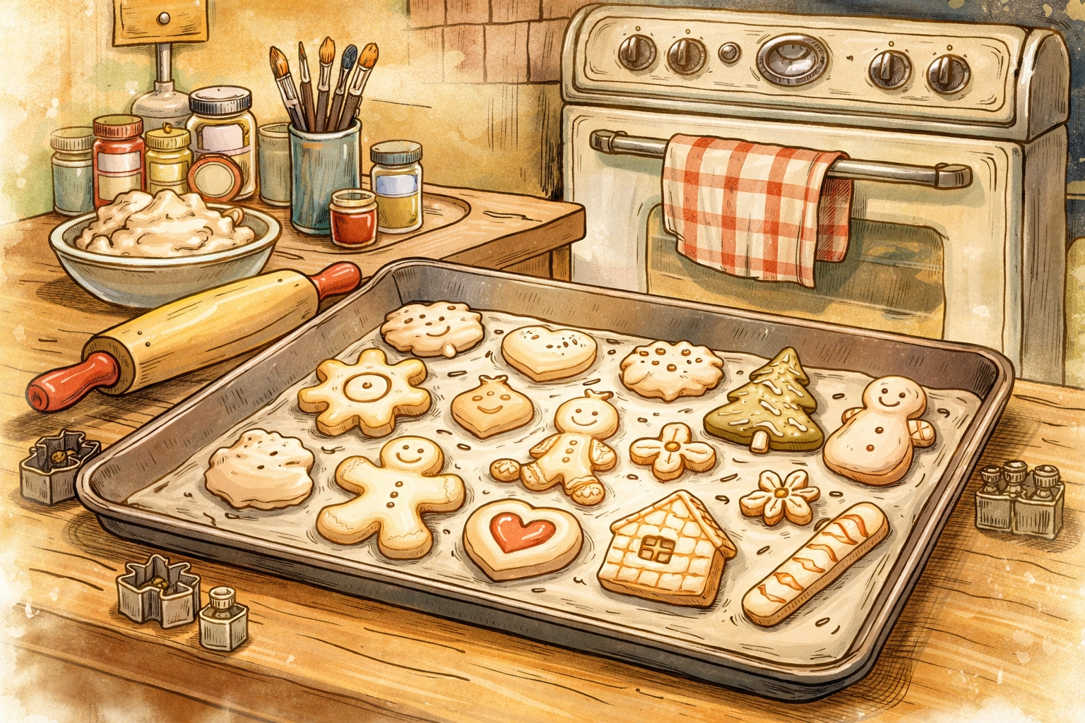 A baking sheet of whimsical salt dough shapes like stars, hearts, and animals ready for oven drying during a snow day activity.