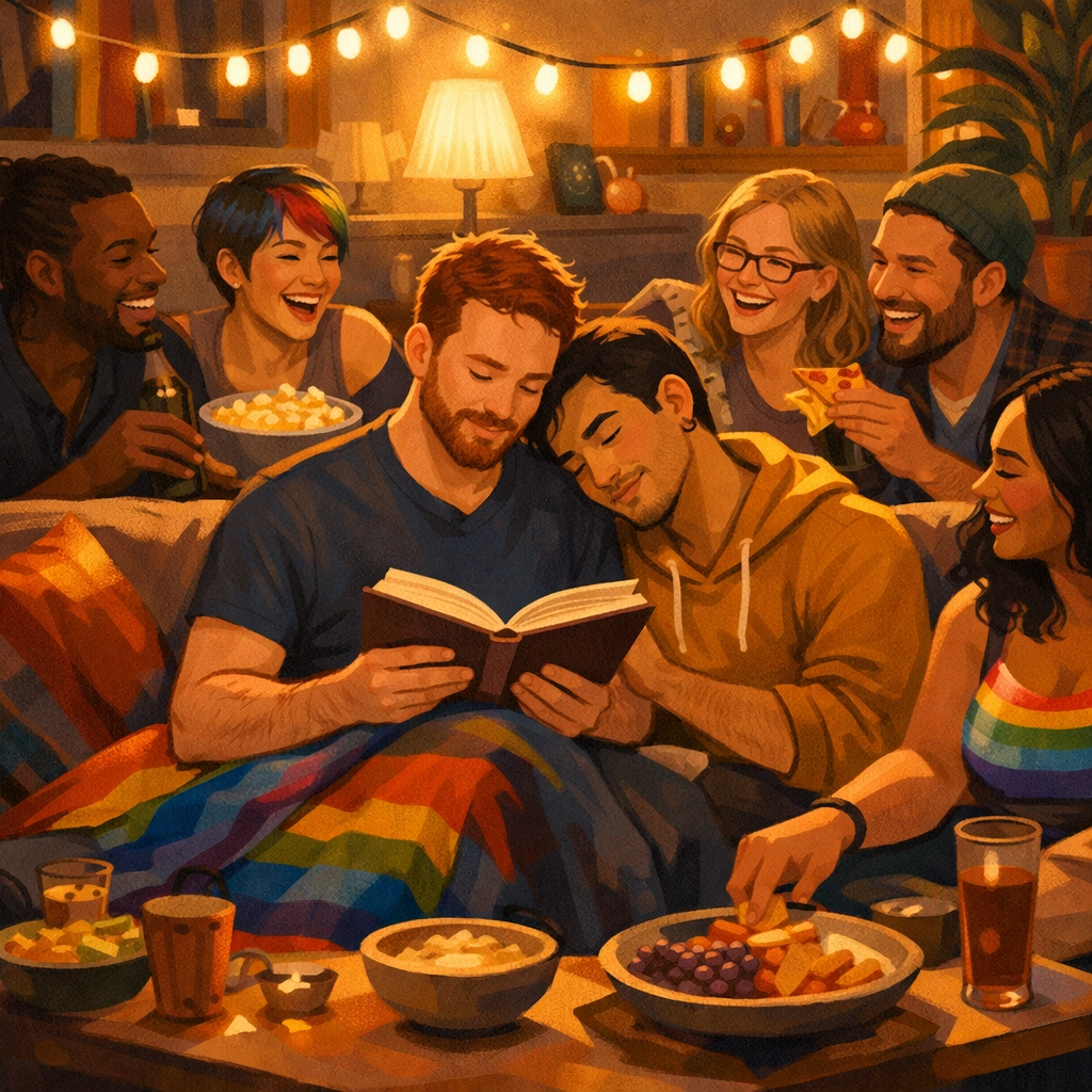 Gay couple reading MM romance books together with friends, illustrating found family community