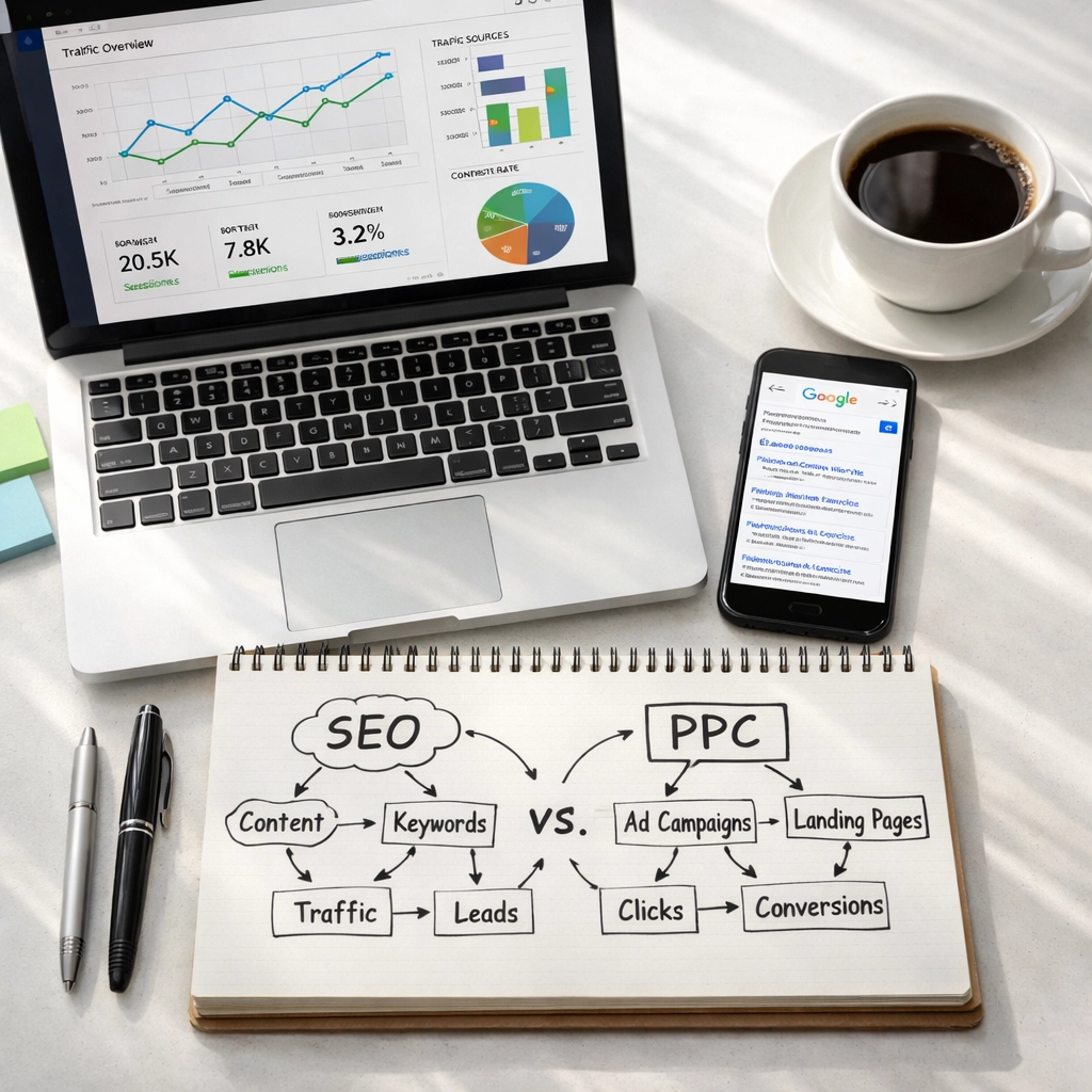 Digital marketing strategy workspace with analytics for trucking SEO and Google Ads planning