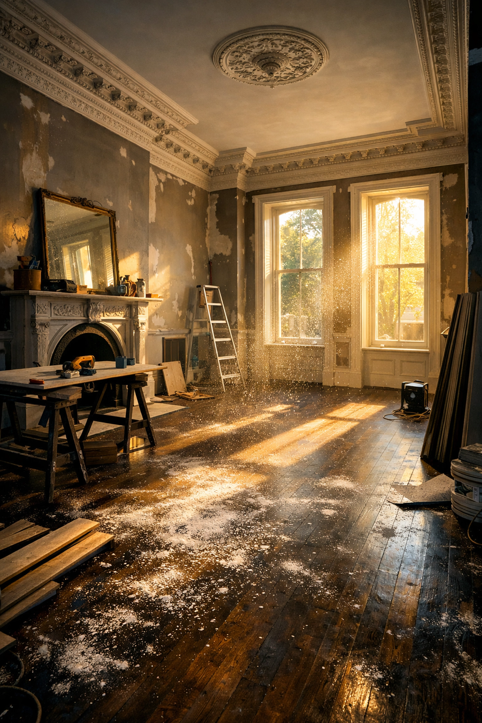 A luxury Boston brownstone living room mid-renovation showing dust before post-construction cleaning in Massachusetts.