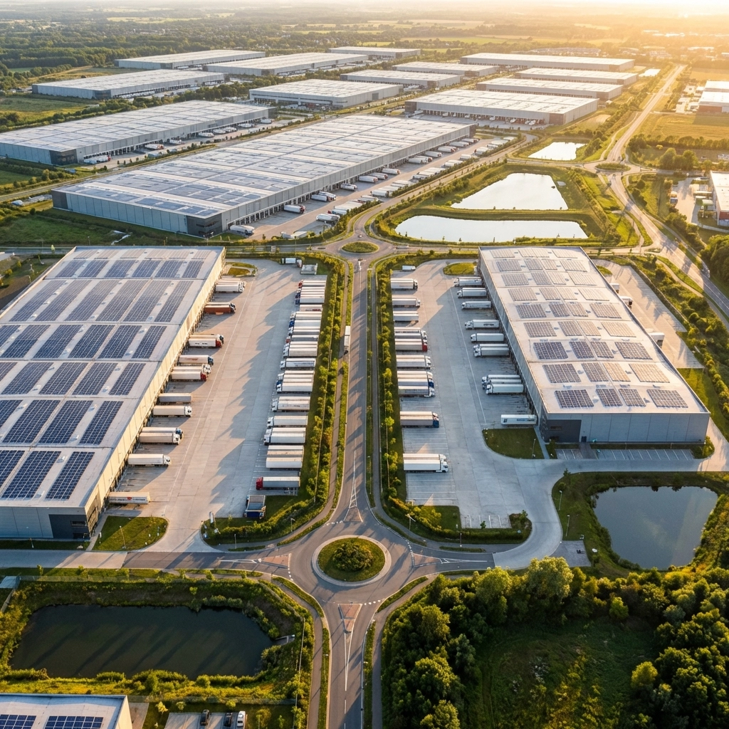 Aerial view of industrial logistics warehouses and solar roofs reflecting real estate investment trends.