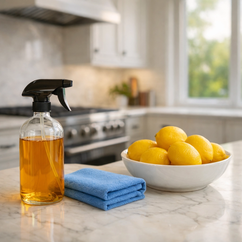 Eco-friendly, low-VOC cleaning products on a kitchen counter for improved indoor air quality.