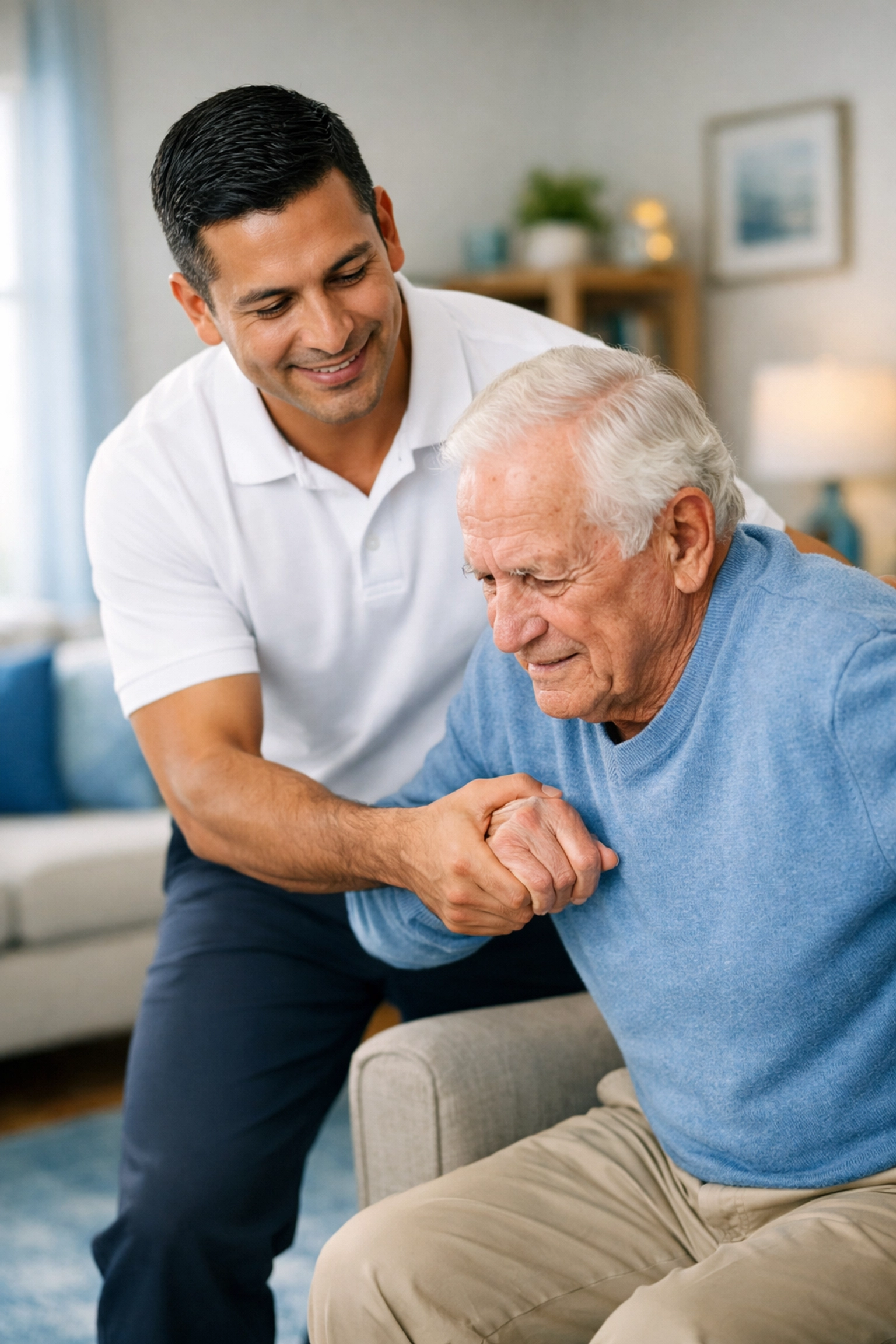 Respite care caregiver helps senior stand safely at home, reducing family caregiver burnout