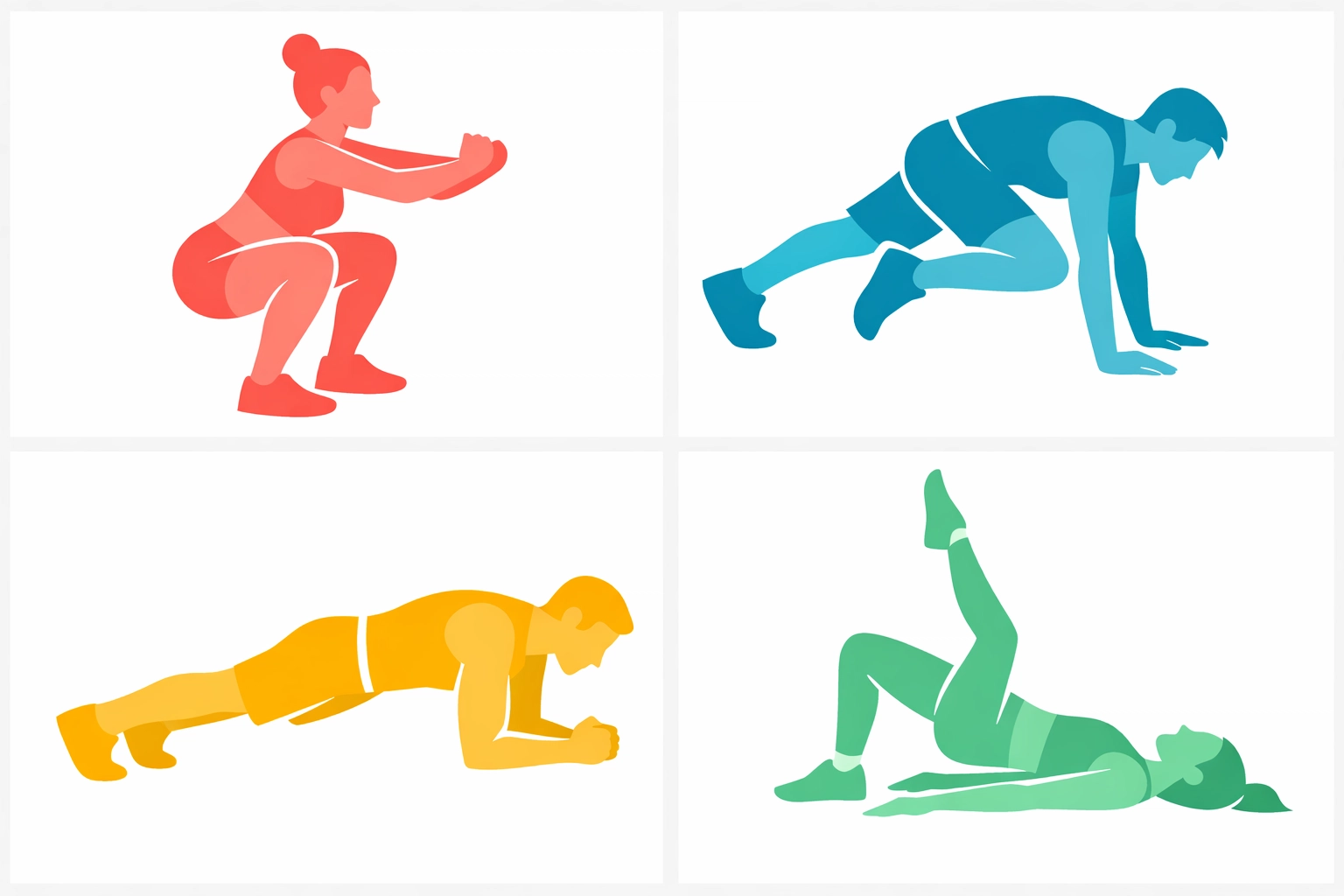 Four essential bodyweight exercises for moms: squats, mountain climbers, planks, and bridges