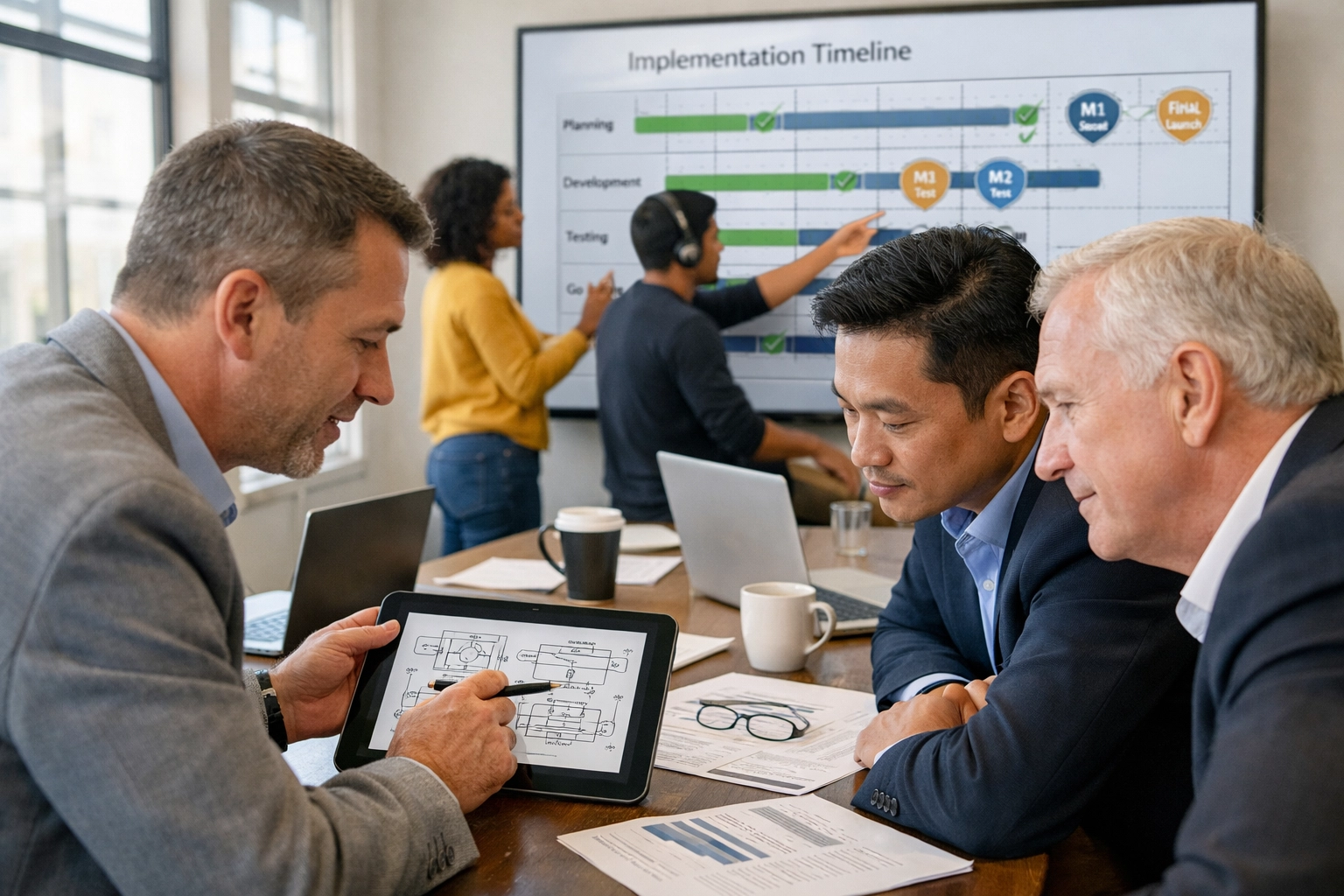 ServiceNow consulting team reviewing ITOM implementation timeline with executives