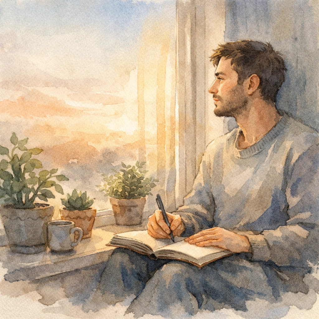Man reflecting and journaling during intimacy recovery journey