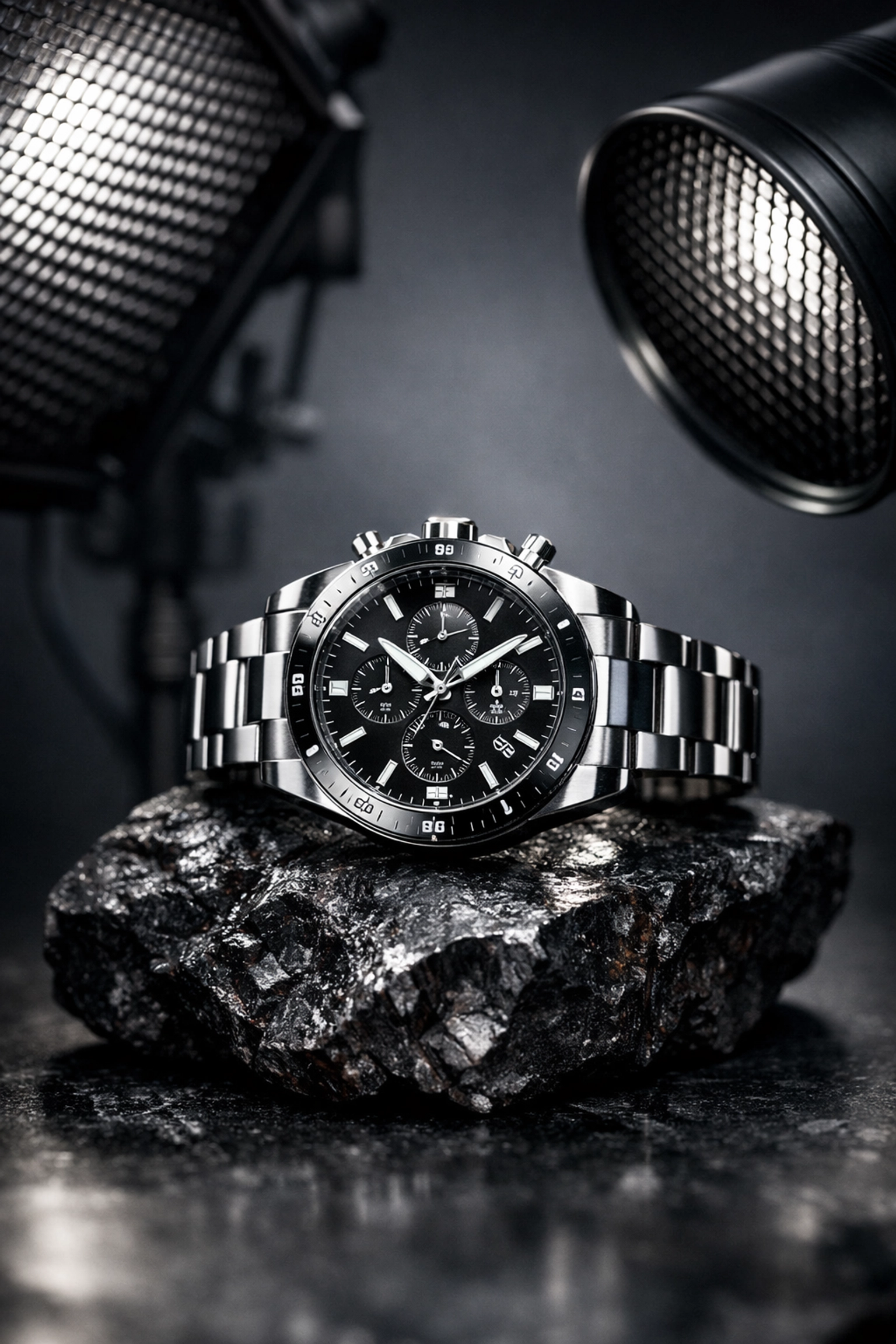 High-end product photography Miami setup featuring a luxury watch in a professional commercial studio.