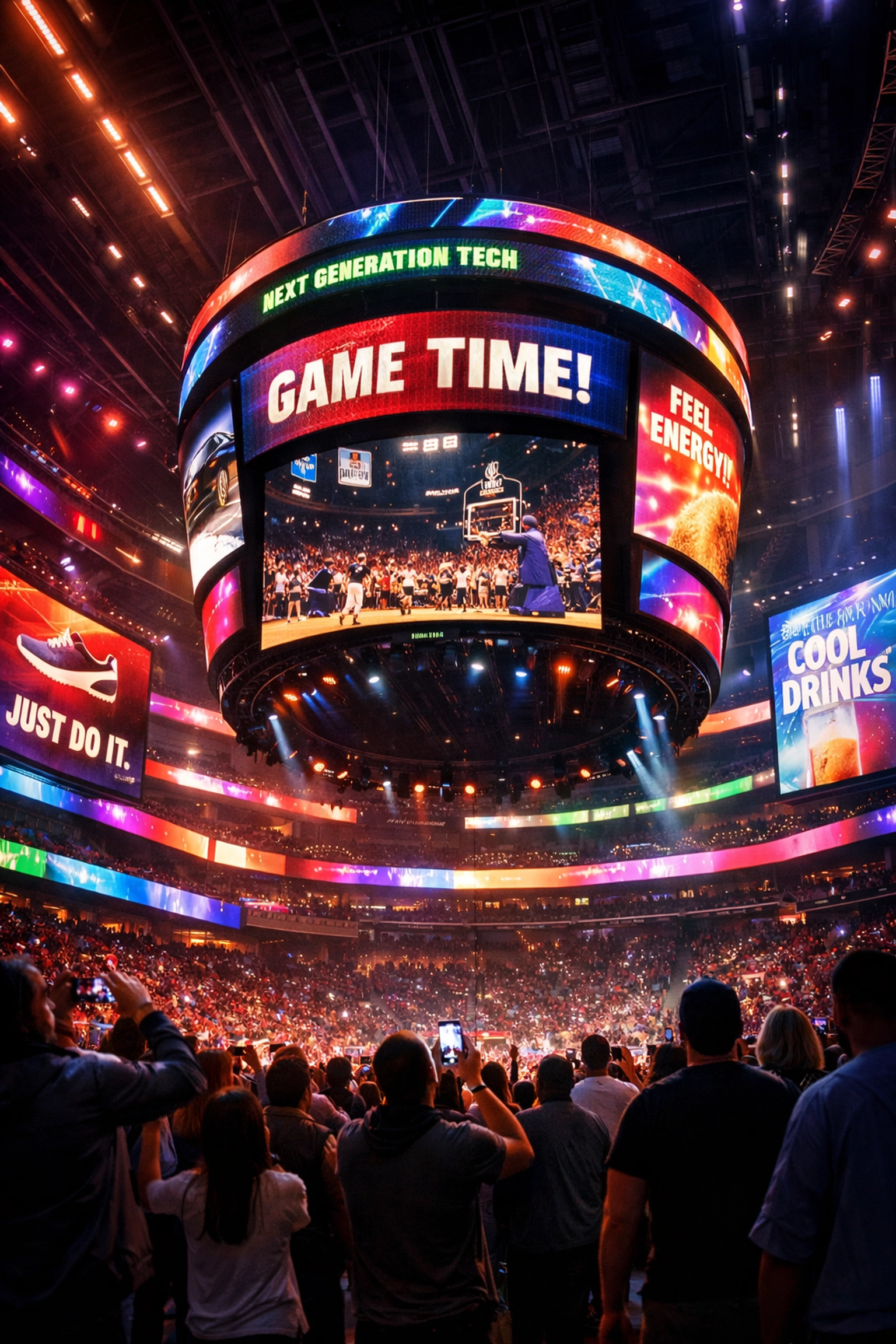 Modern sports venue with LED screens and digital advertising displays throughout interior